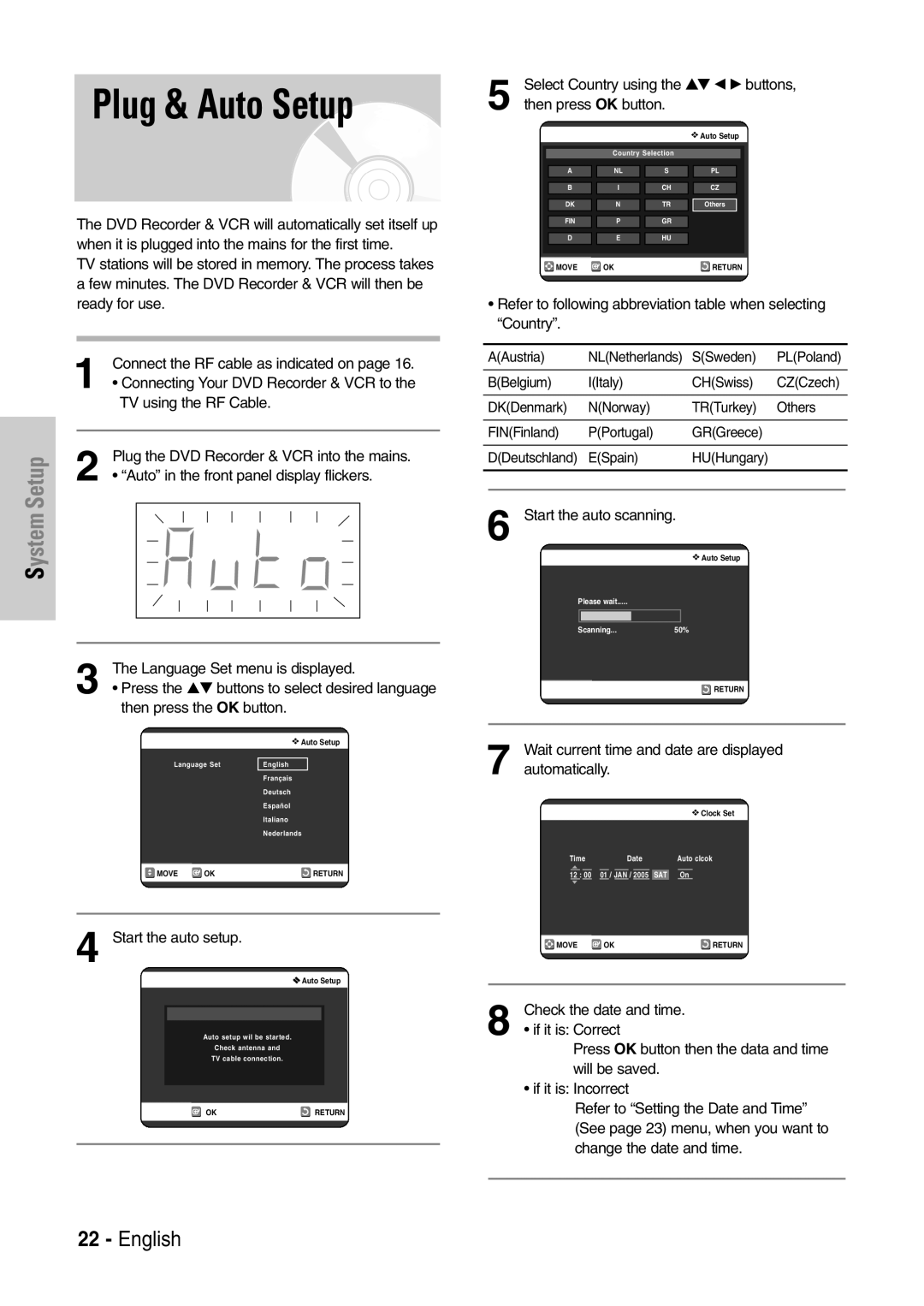 Samsung DVD-VR320P manual Plug & Auto Setup, Select Country using the …† œ √ buttons, Then press OK button, Automatically 