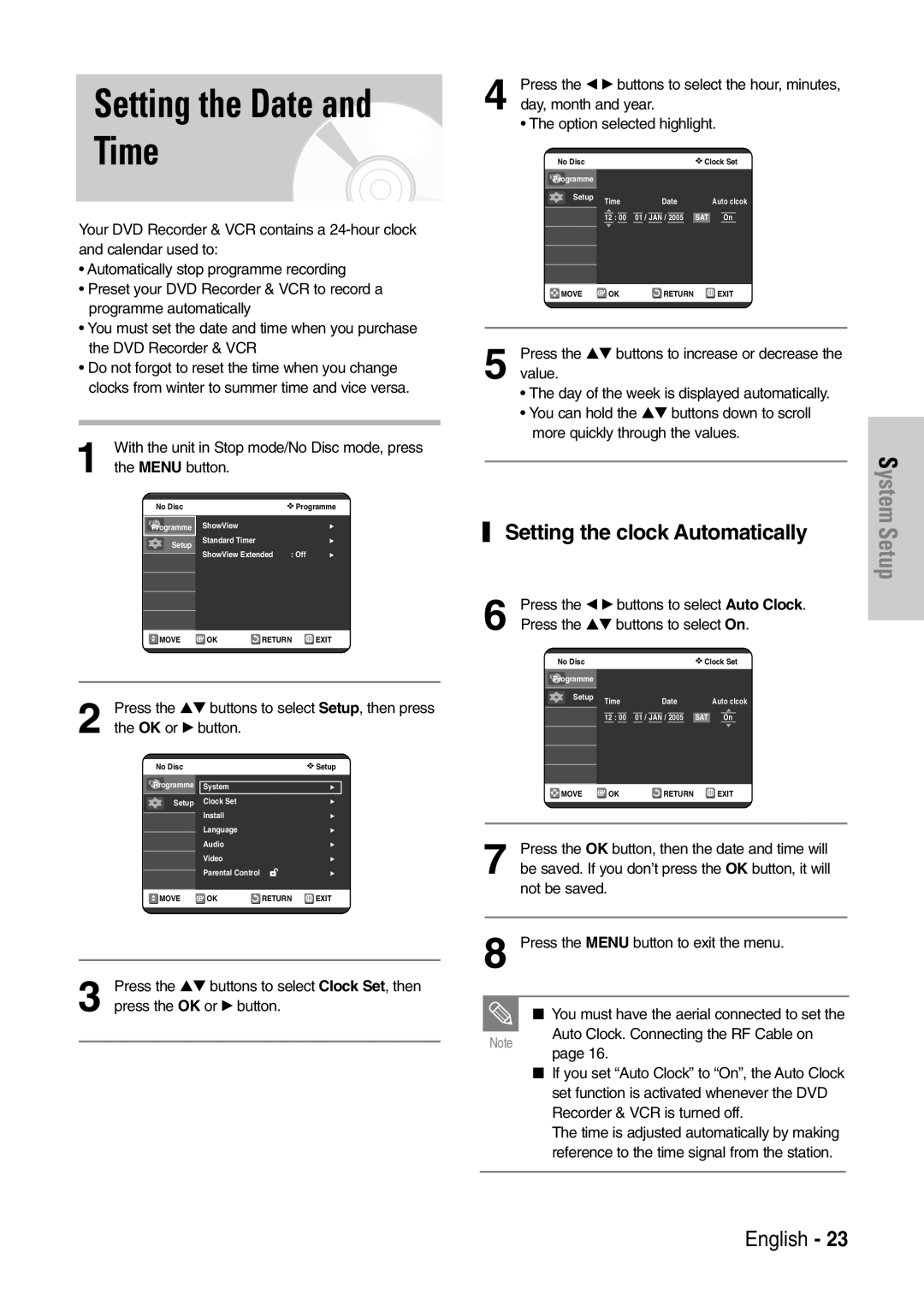 Samsung DVD-VR320/XEF, DVD-VR320P manual Setting the Date and Time, System Setup, Setting the clock Automatically 