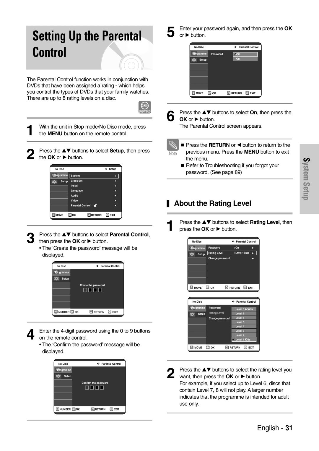 Samsung DVD-VR320/XEF manual Setting Up the Parental Control, About the Rating Level, Or √ button, Press the OK or √ button 