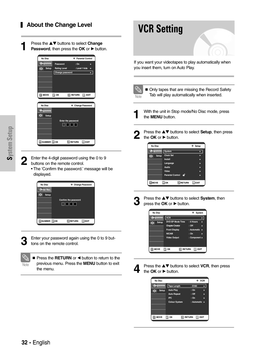 Samsung DVD-VR320P, DVD-VR320/XEF manual VCR Setting, About the Change Level, Press the …† buttons to select Change 