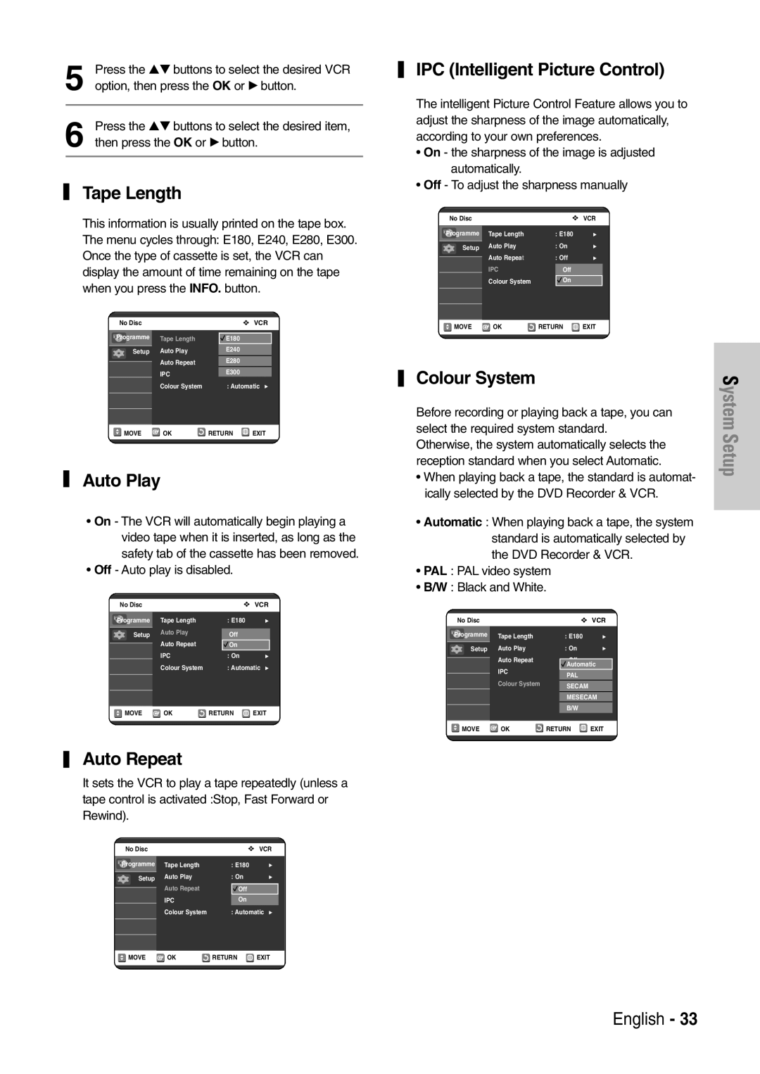 Samsung DVD-VR320/XEF, DVD-VR320P manual Tape Length, Auto Play, Auto Repeat, IPC Intelligent Picture Control, Colour System 