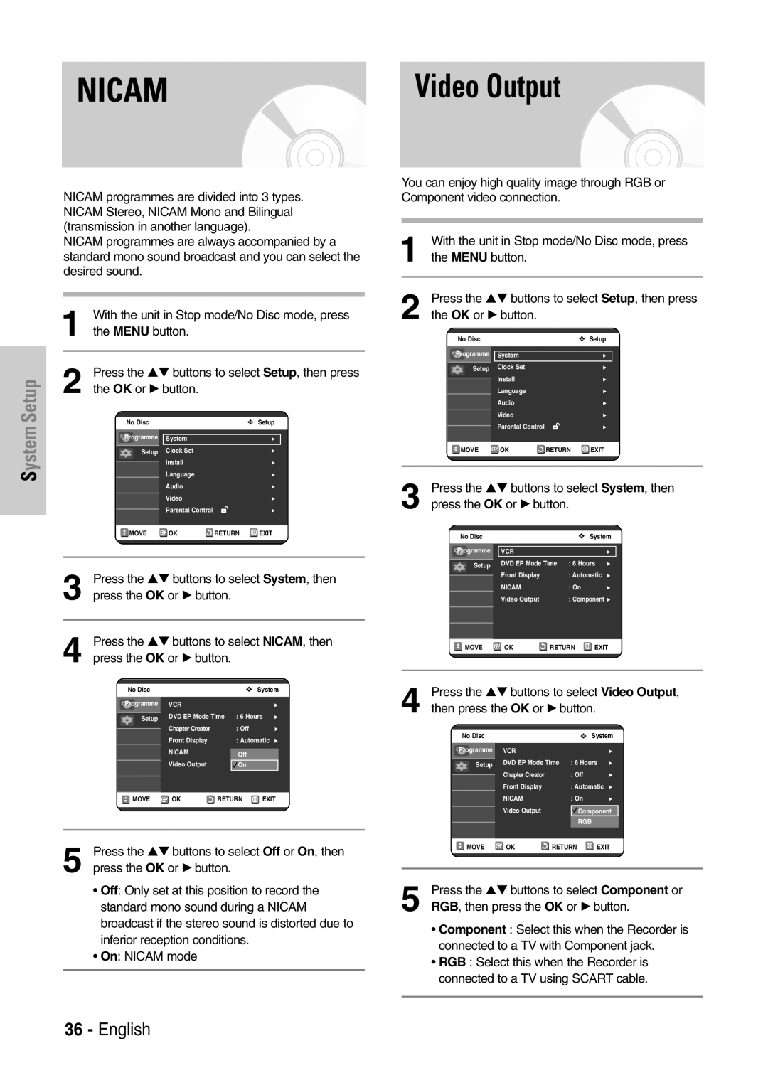 Samsung DVD-VR320P, DVD-VR320/XEF manual Press the …† buttons to select Video Output, RGB, then press the OK or √ button 