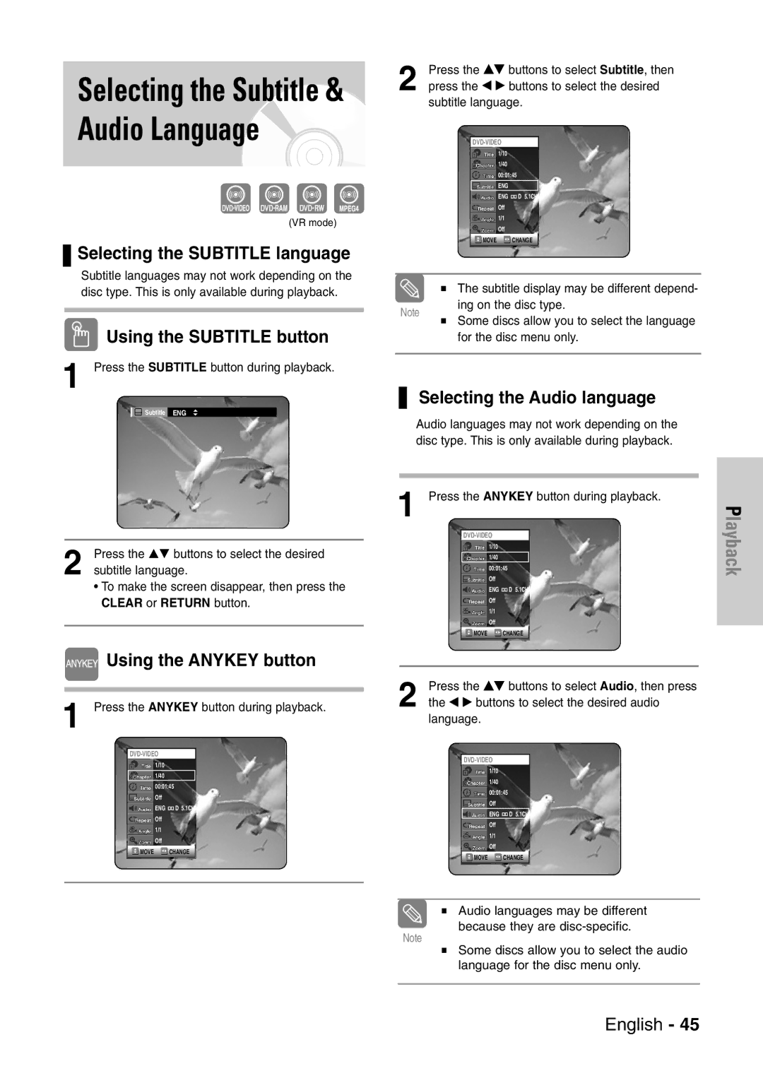 Samsung DVD-VR320/XEF, DVD-VR320P manual Selecting the Subtitle language, Using the Subtitle button, Using the Anykey button 