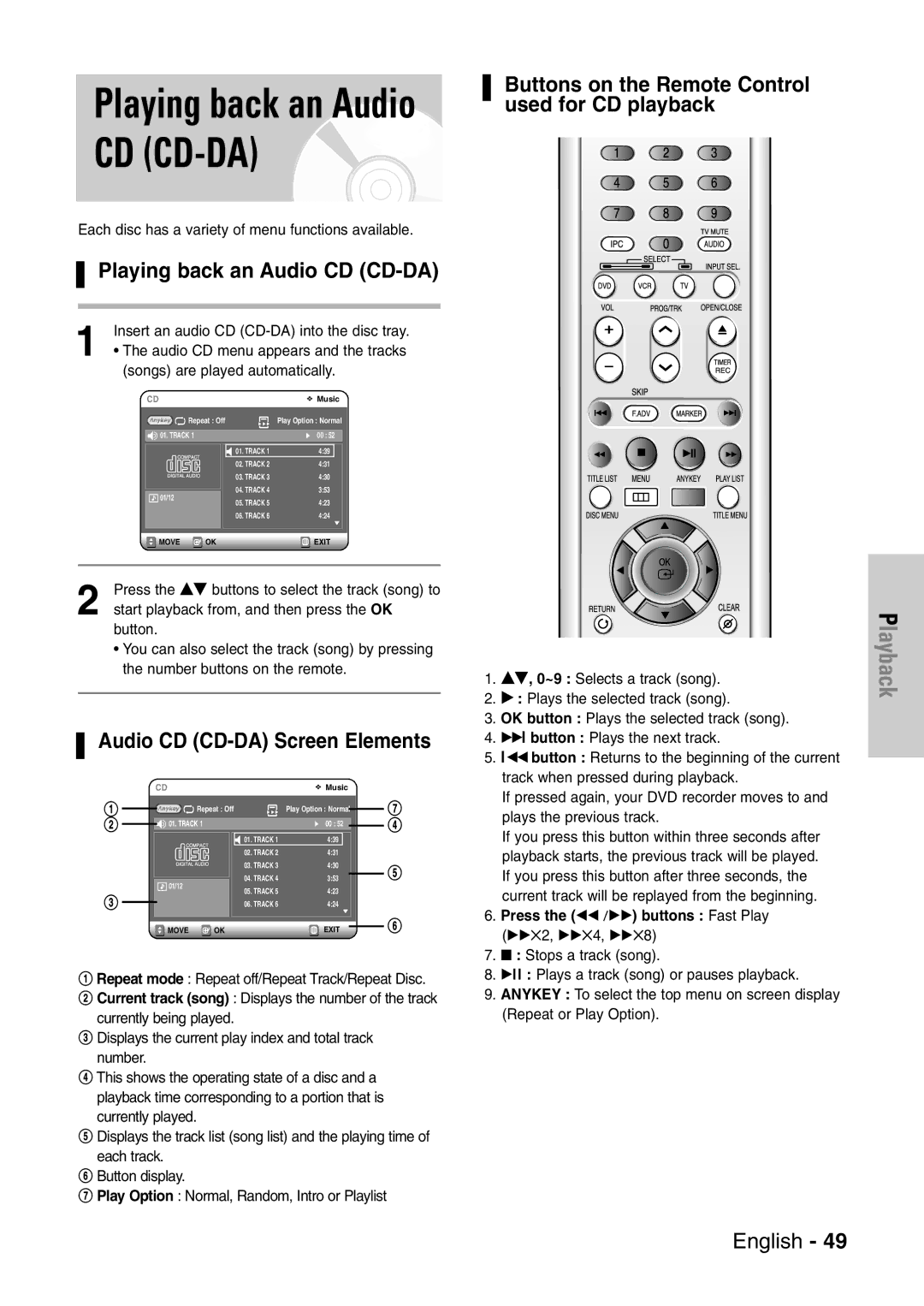 Samsung DVD-VR320/XEF Playing back an Audio CD CD-DA, Audio CD CD-DA Screen Elements, Press the œœ /√√ buttons Fast Play 