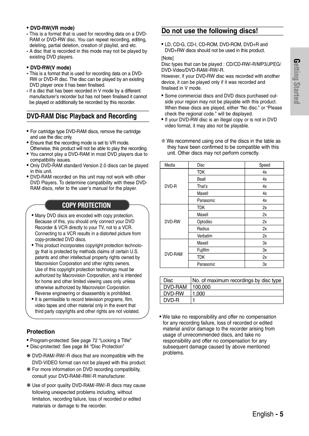 Samsung DVD-VR320/XEF, DVD-VR320P manual Do not use the following discs, Protection 