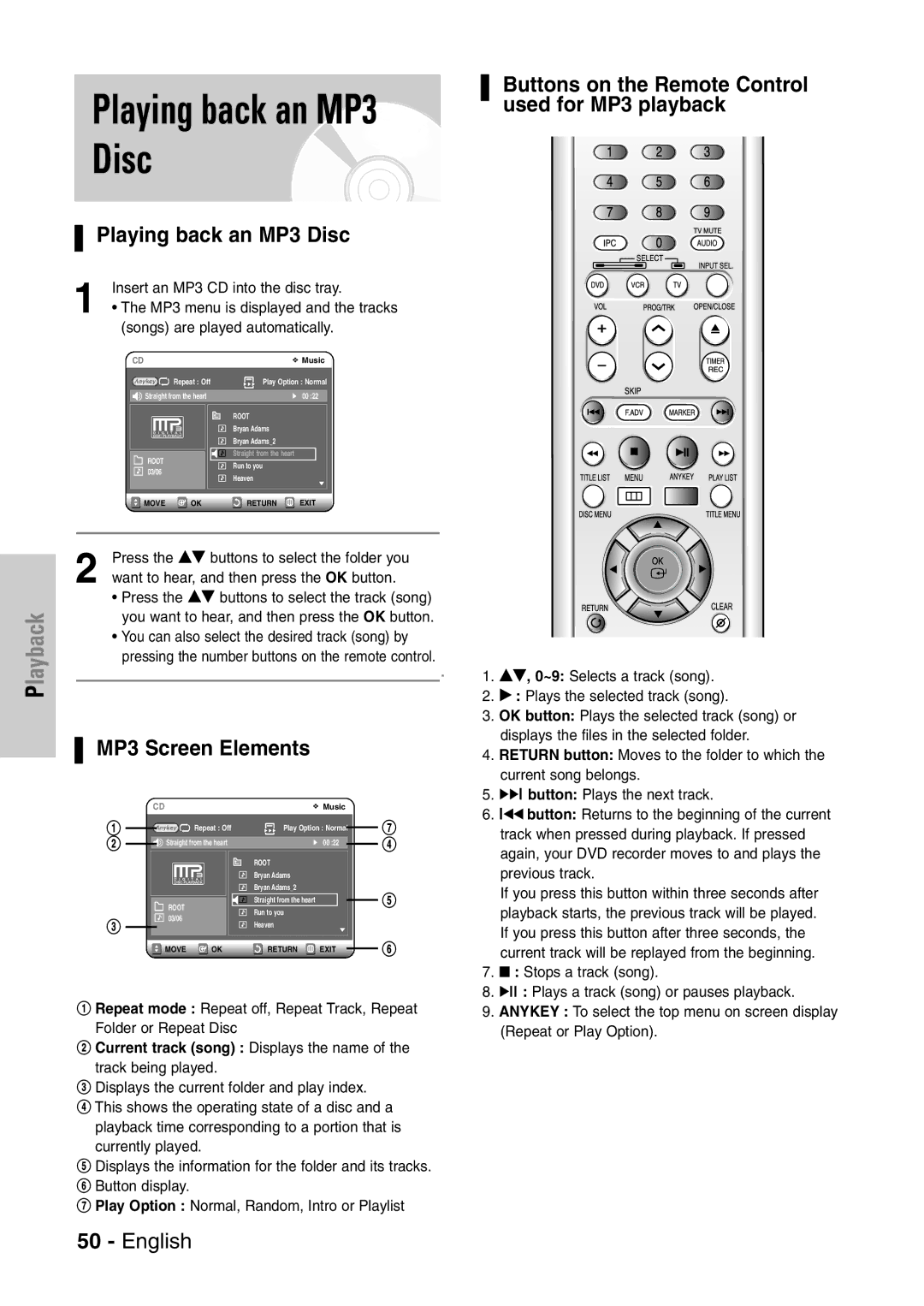 Samsung DVD-VR320P, DVD-VR320/XEF manual Playing back an MP3 Disc, MP3 Screen Elements 