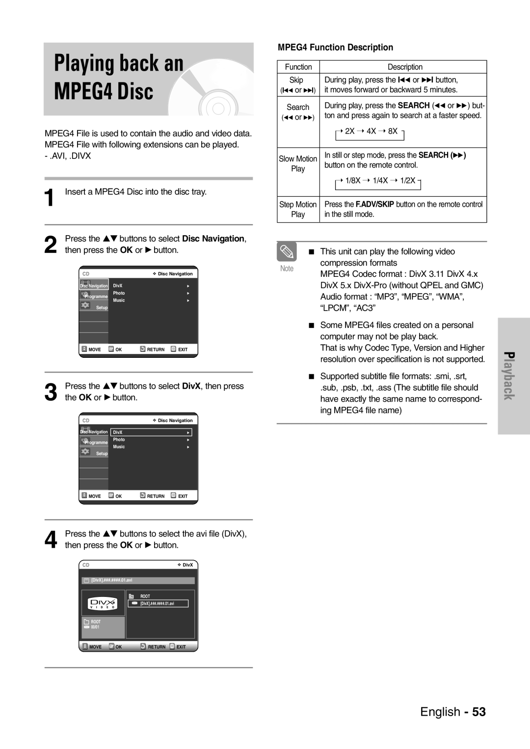 Samsung DVD-VR320/XEF manual Playing back an MPEG4 Disc, Press the …† buttons to select DivX, then press, OK or √ button 