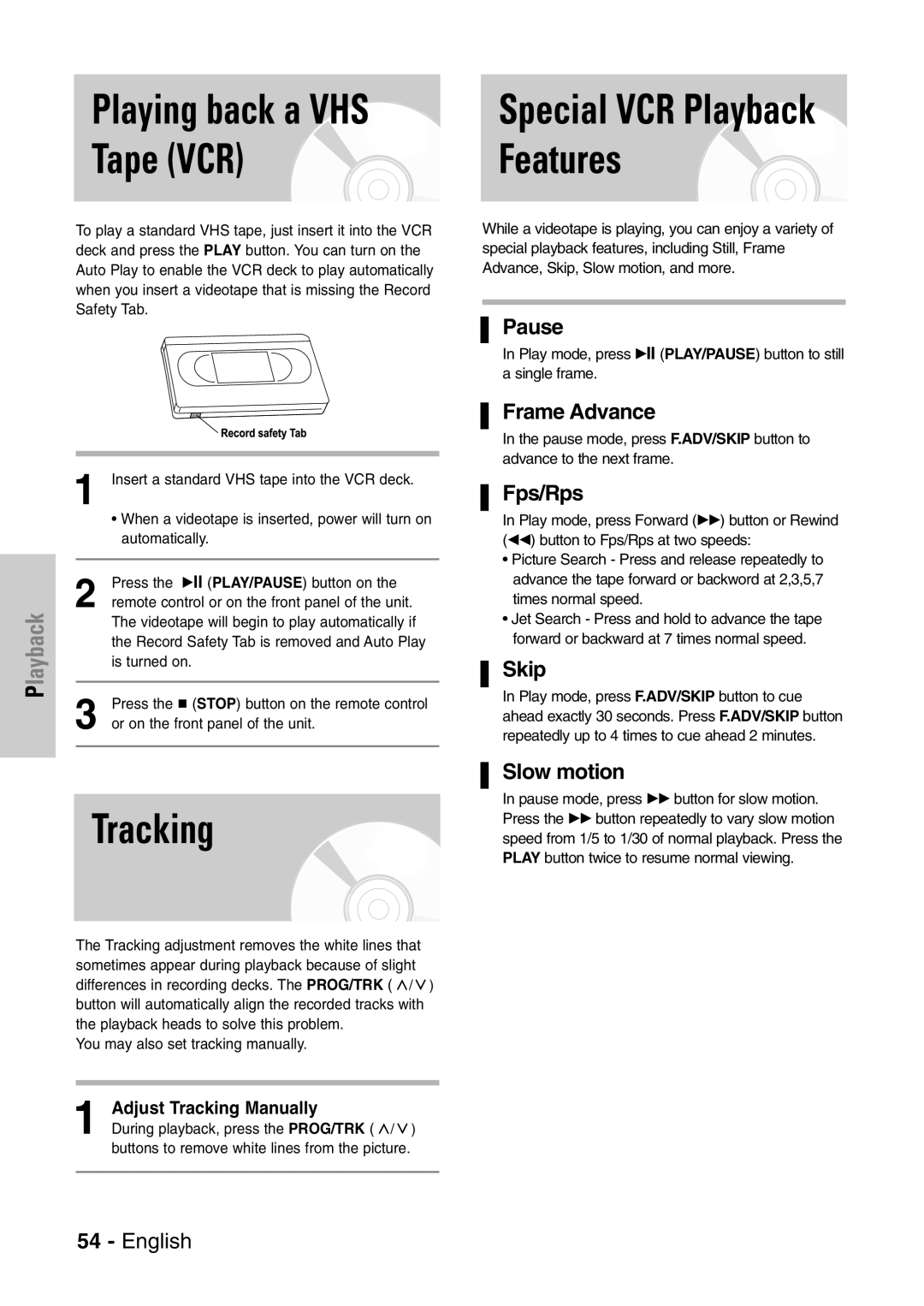 Samsung DVD-VR320P, DVD-VR320/XEF manual Tape VCR Features, Tracking 