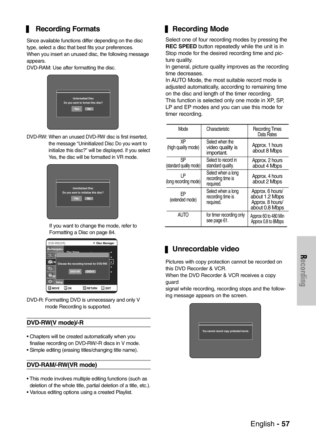 Samsung DVD-VR320/XEF manual Recording Formats, Recording Mode, Unrecordable video, DVD-RWV mode/-R, DVD-RAM/-RWVR mode 