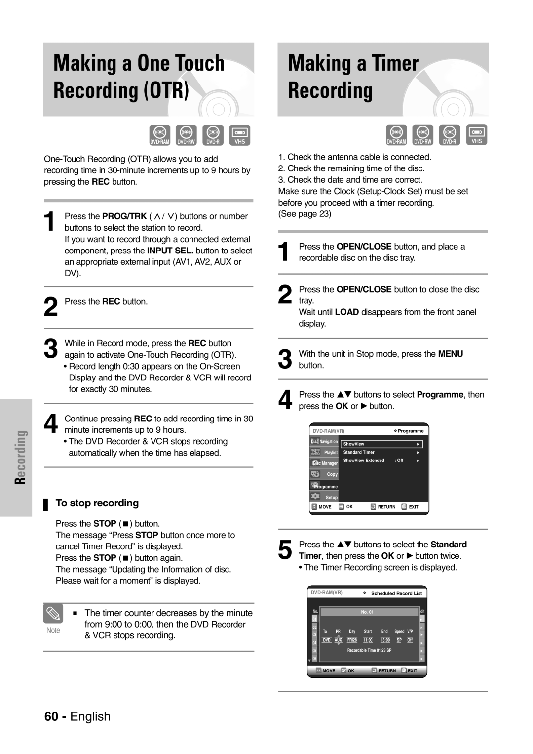 Samsung DVD-VR320P, DVD-VR320/XEF manual Making a Timer, Recording OTR, To stop recording 