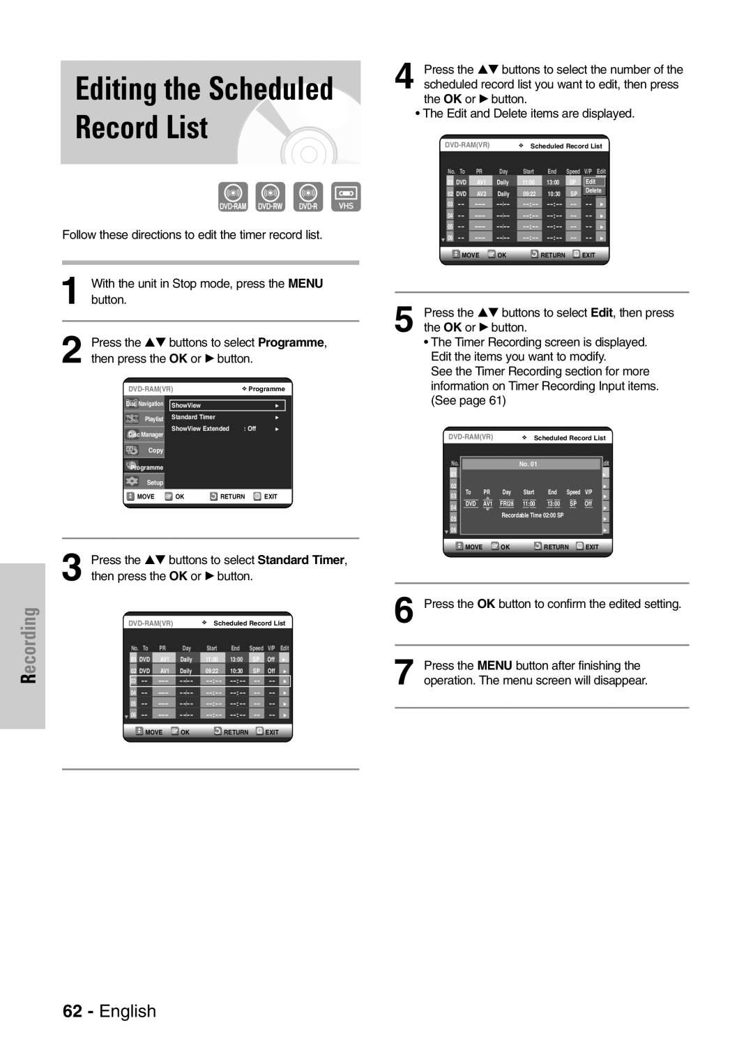 Samsung DVD-VR320P Record List, With the unit in Stop mode, press the Menu, Press the …† buttons to select Standard Timer 