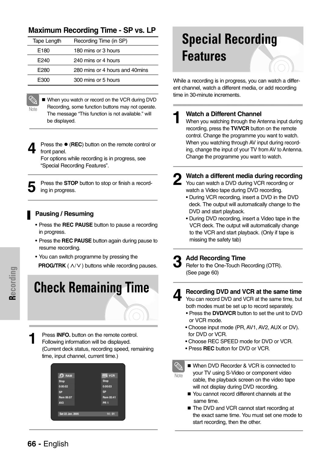 Samsung DVD-VR320P, DVD-VR320/XEF Special Recording Features, Maximum Recording Time SP vs. LP, Watch a Different Channel 