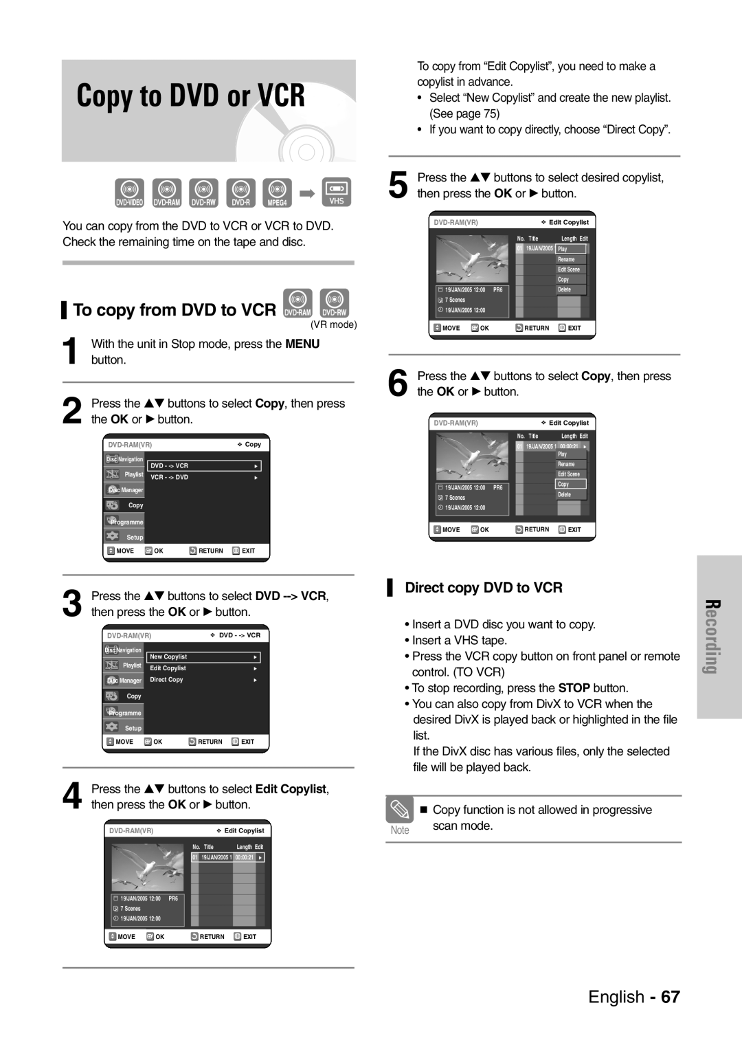 Samsung DVD-VR320/XEF, DVD-VR320P manual Copy to DVD or VCR, To copy from DVD to VCR, Direct copy DVD to VCR 