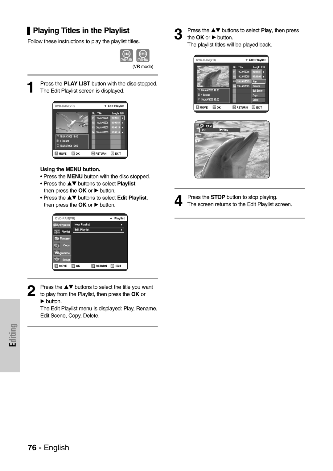 Samsung DVD-VR320P, DVD-VR320/XEF Playing Titles in the Playlist, Edit Playlist screen is displayed, Using the Menu button 