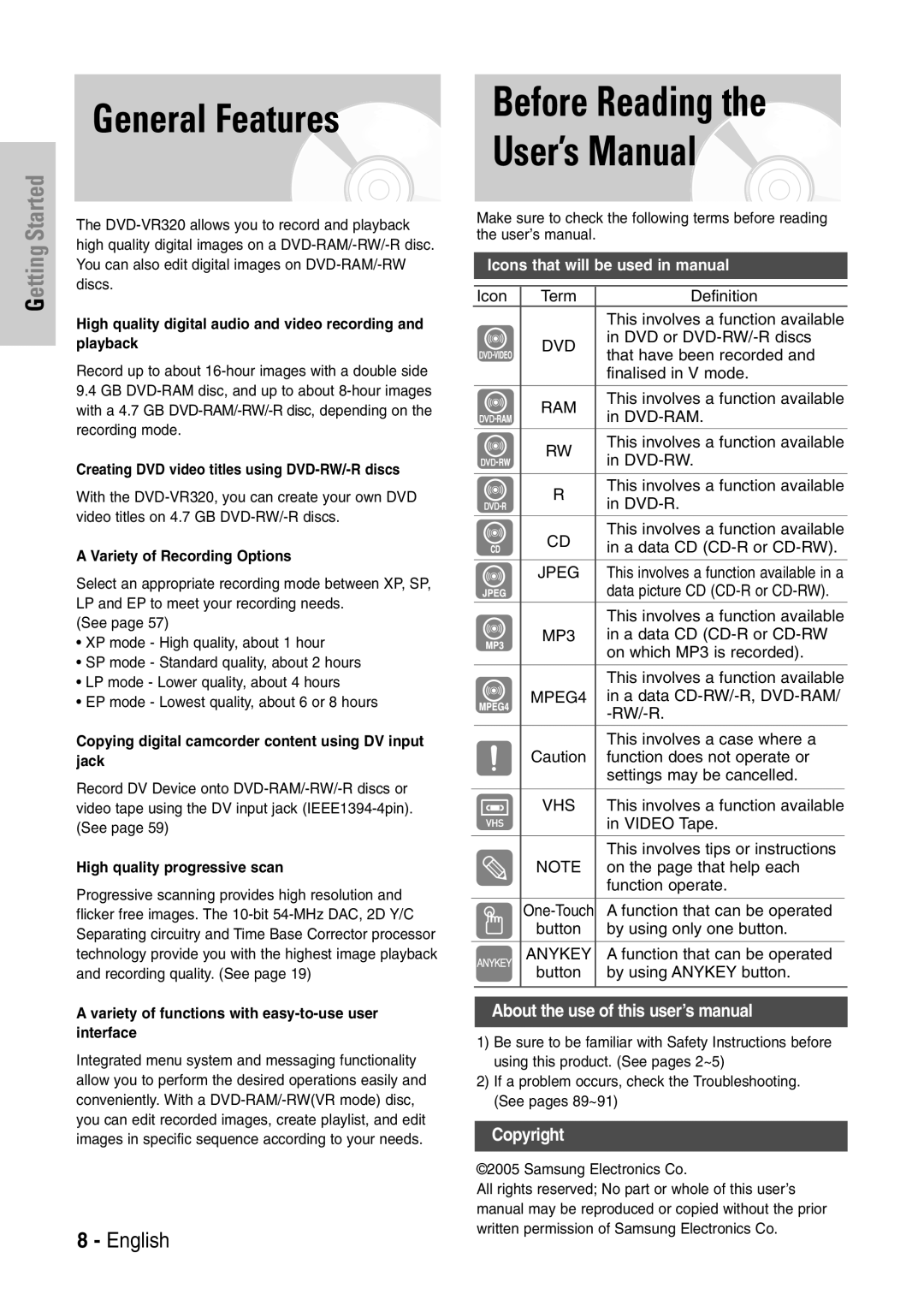 Samsung DVD-VR320P, DVD-VR320/XEF manual Before Reading User’s Manual, General Features, Started 