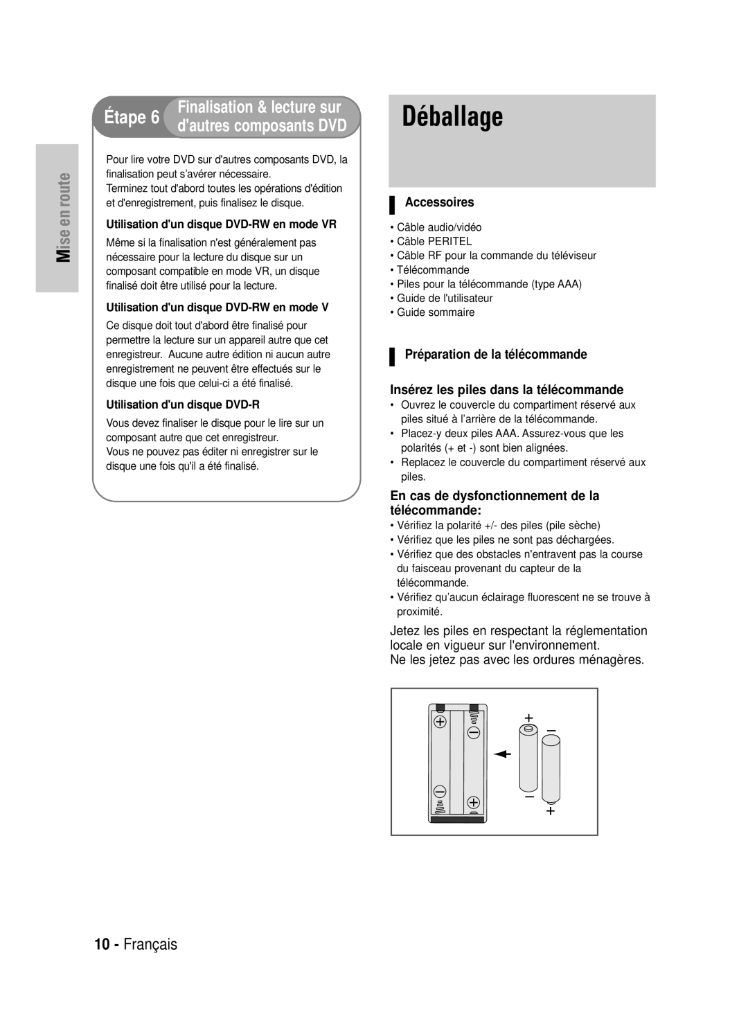 Samsung DVD-VR320P, DVD-VR320/XEF manual Déballage, Accessoires, En cas de dysfonctionnement de la télécommande 