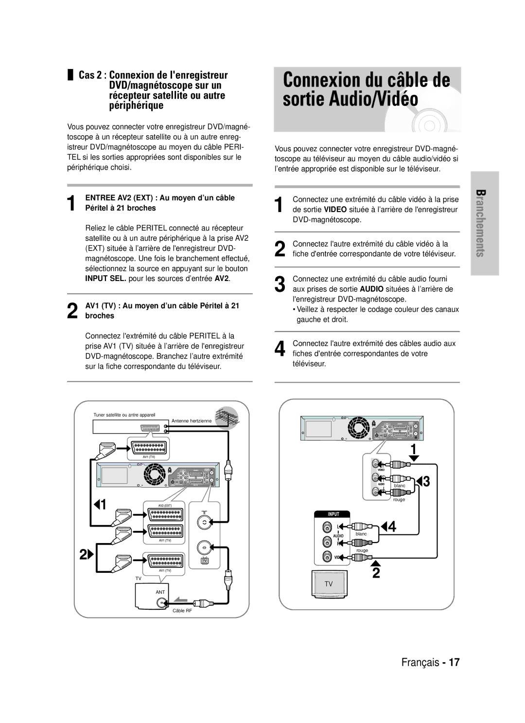 Samsung DVD-VR320/XEF, DVD-VR320P manual AV1 TV Au moyen d’un câ ble Pé ritel à 21 broches 