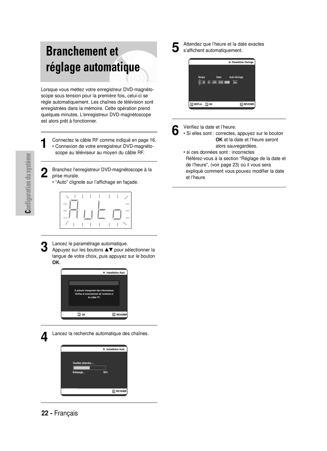 Samsung DVD-VR320P Branchement et réglage automatique, Attendez que l’heure et la date exactes, ’affichent automatiquement 