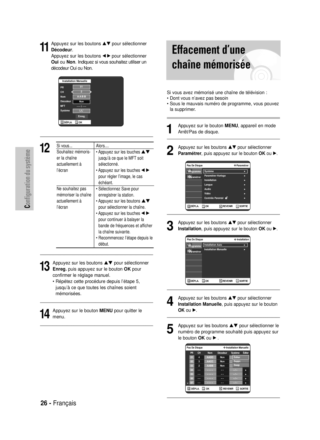 Samsung DVD-VR320P, DVD-VR320/XEF manual Effacement d’une chaîne mémorisée 