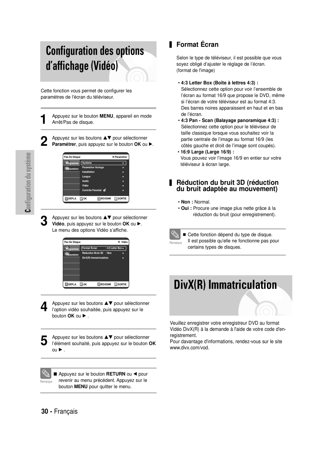 Samsung DVD-VR320P manual Format É cran, Vidé o, puis appuyez sur le bouton OK ou √, Le menu des options Vidéo s’affiche 