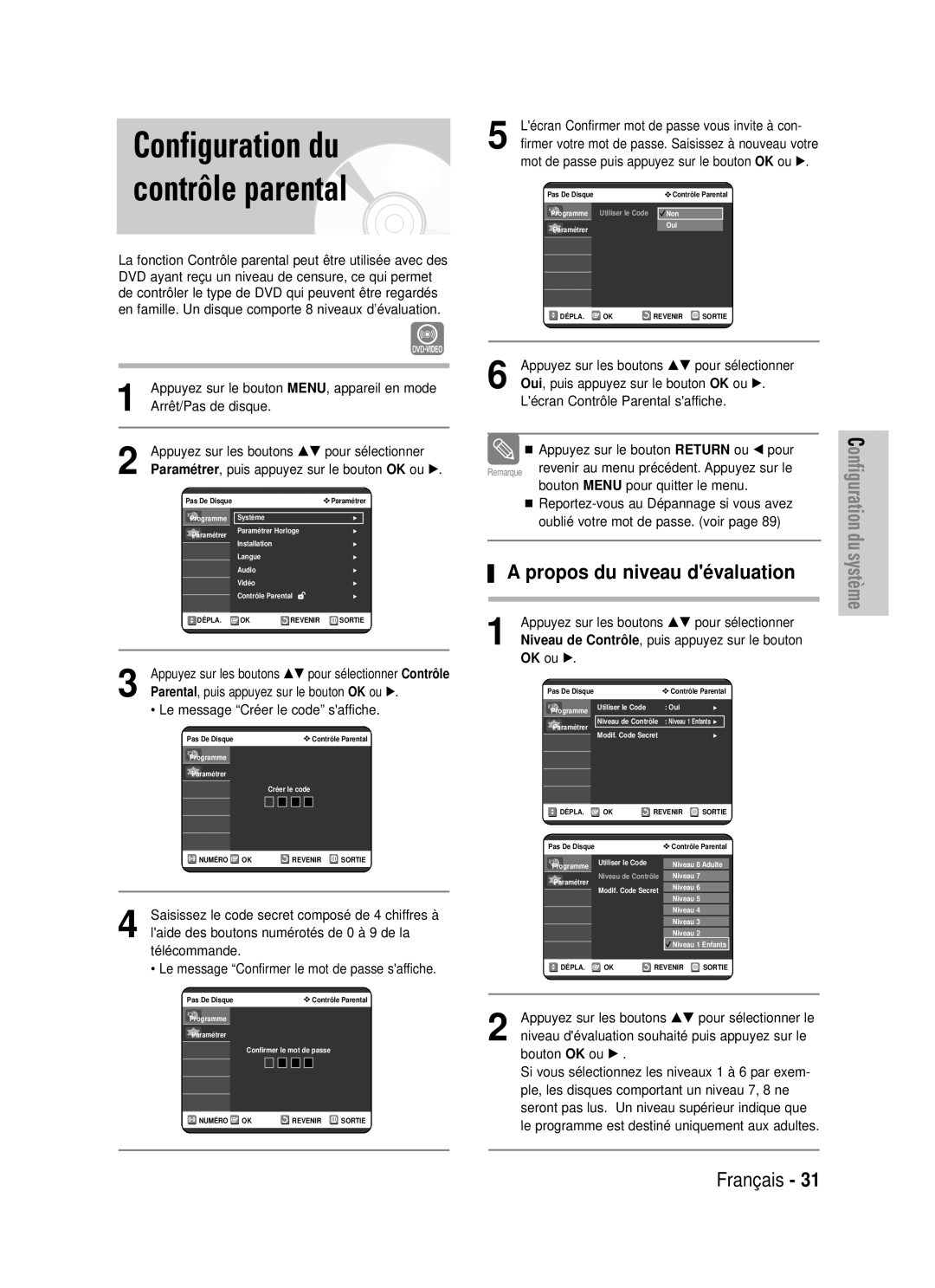 Samsung DVD-VR320/XEF, DVD-VR320P manual Configuration du contrôle parental, Propos du niveau dé valuation 