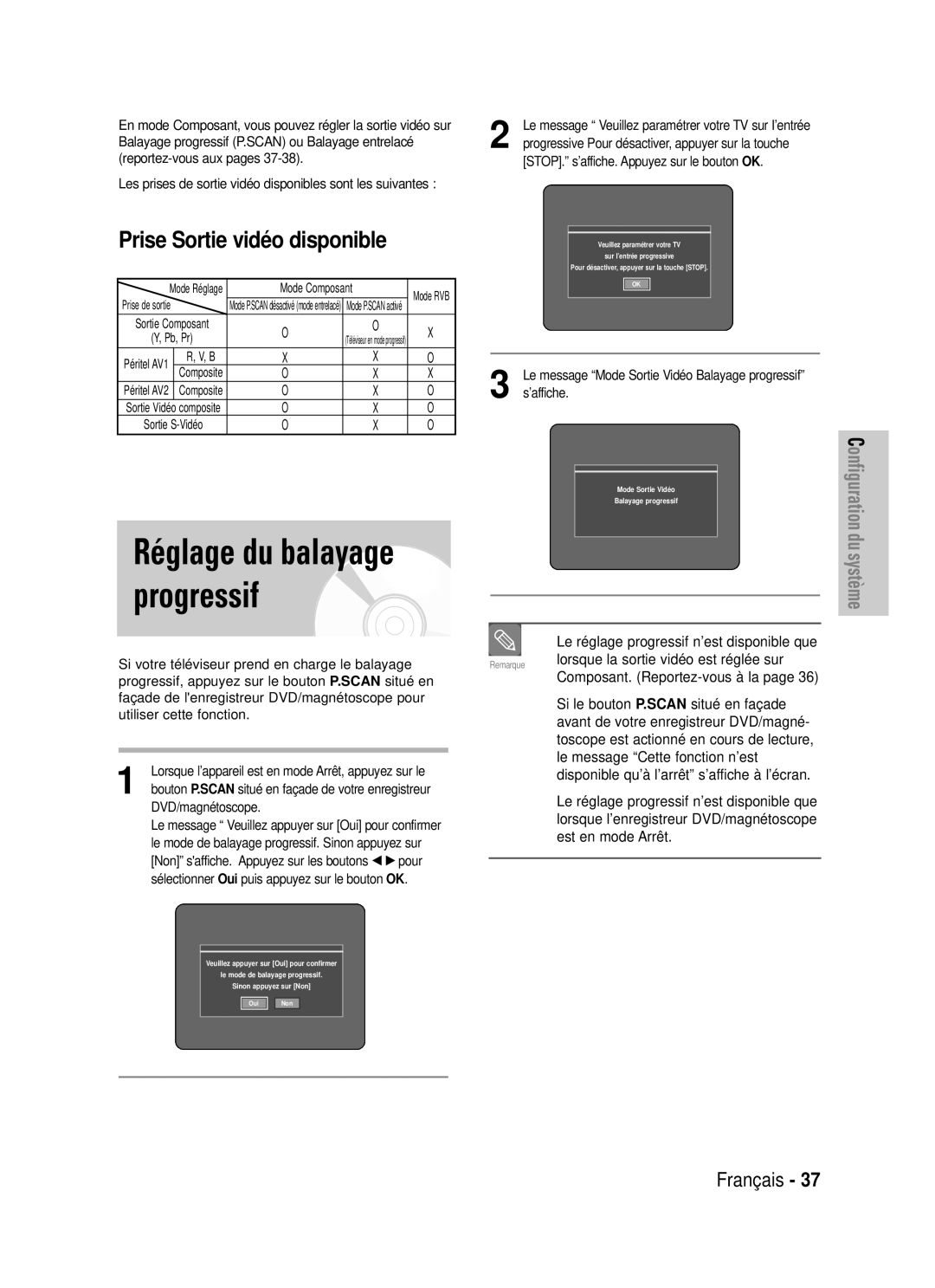 Samsung DVD-VR320/XEF, DVD-VR320P manual Mode Composant, Le message Mode Sortie Vidéo Balayage progressif ’affiche 