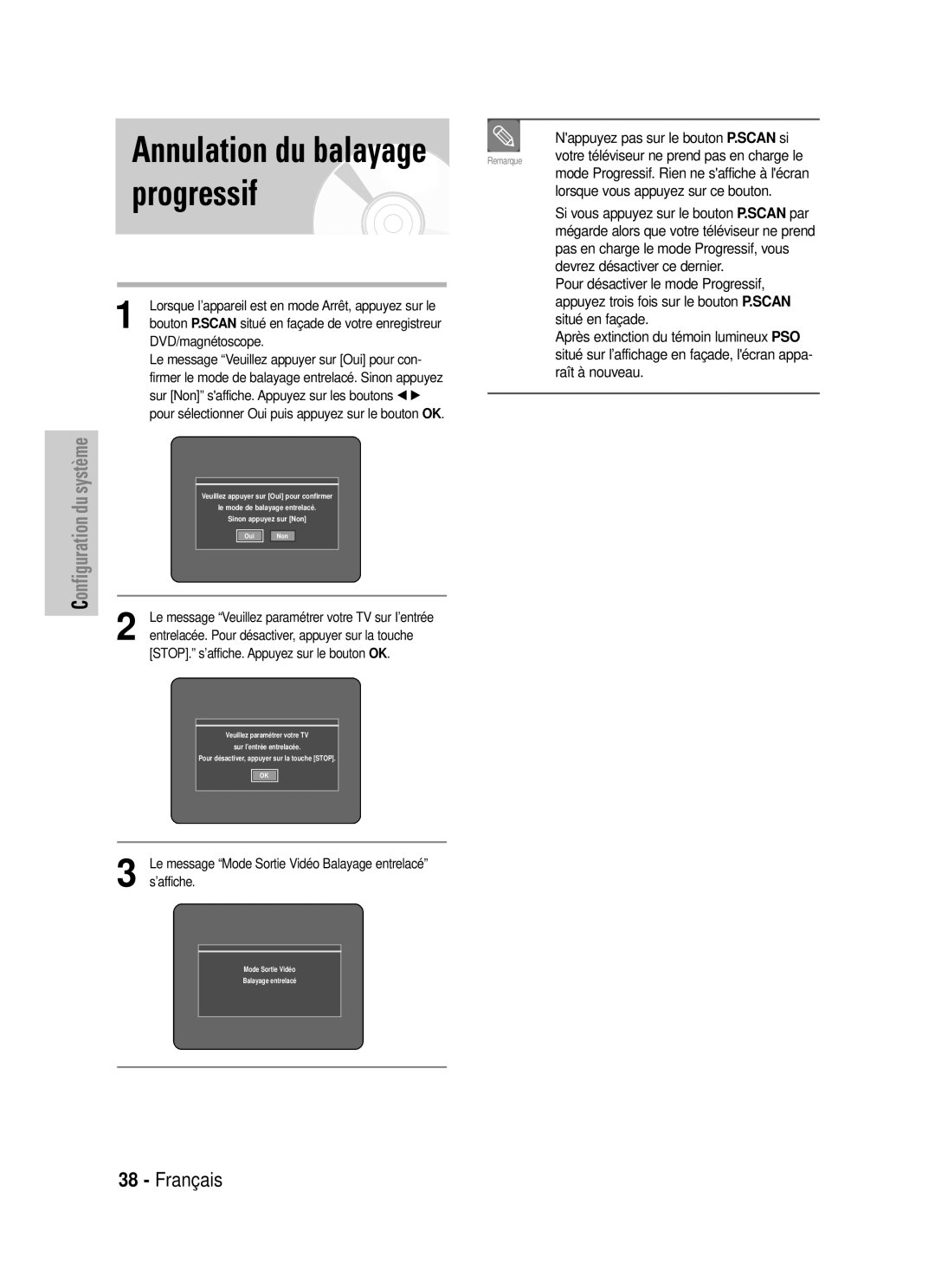 Samsung DVD-VR320P, DVD-VR320/XEF manual Progressif, Annulation du balayage 