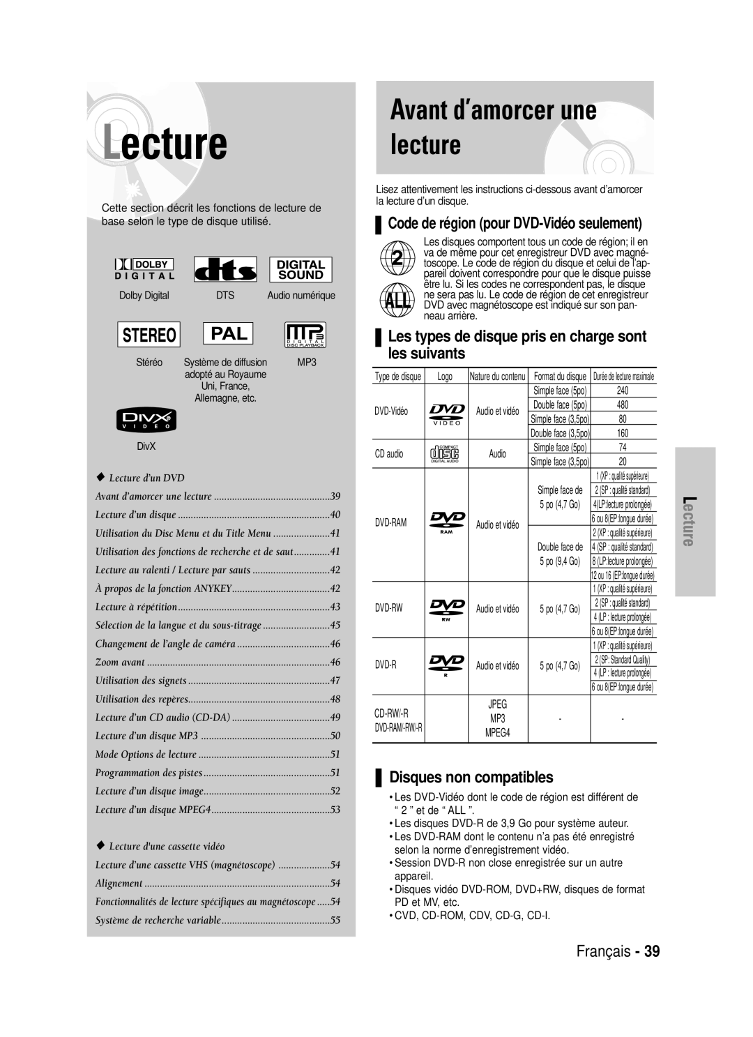 Samsung DVD-VR320/XEF manual Les types de disque pris en charge sont les suivants, Disques non compatibles, Logo, CD audio 