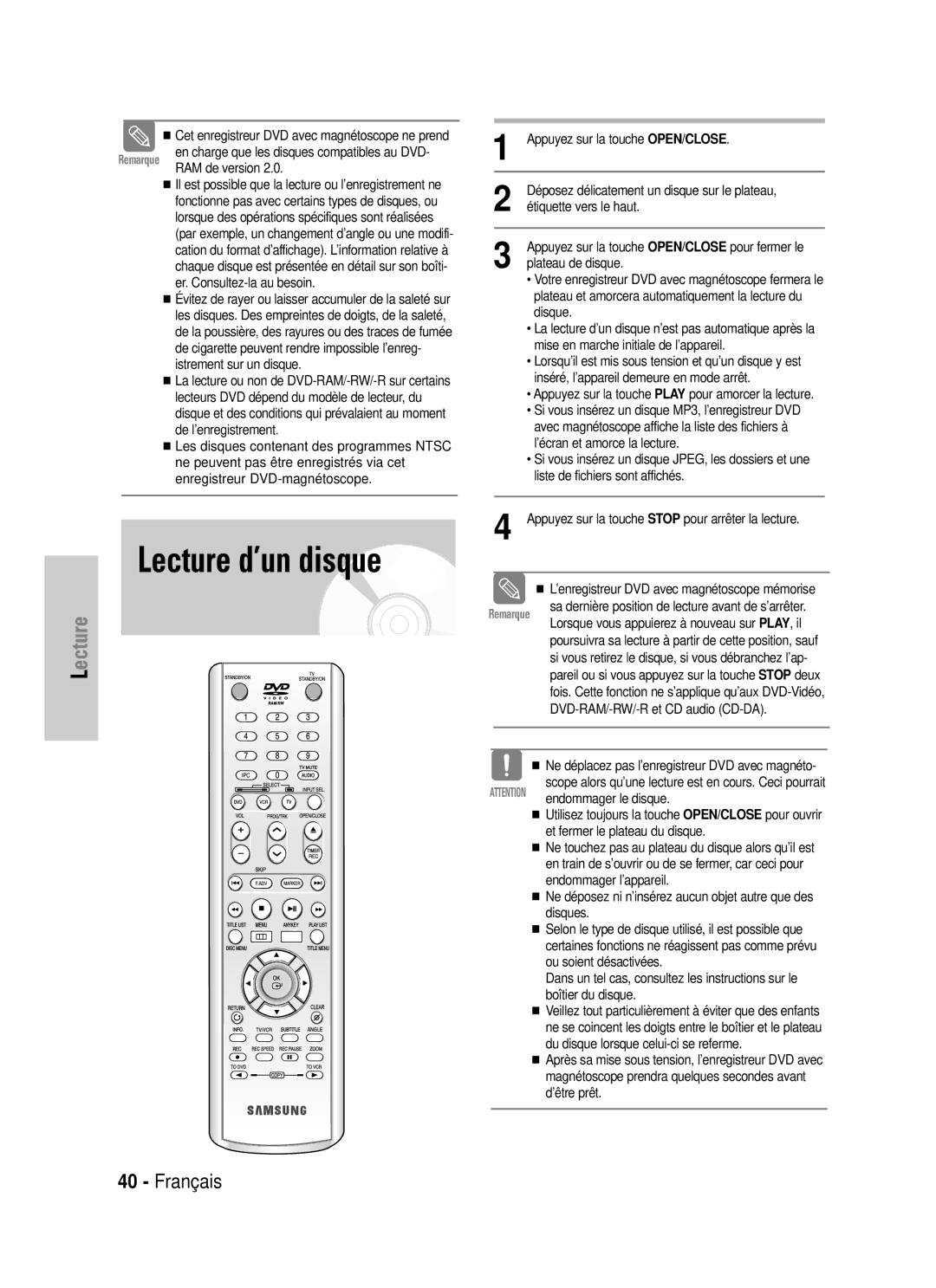 Samsung DVD-VR320P, DVD-VR320/XEF manual Lecture d’un disque 