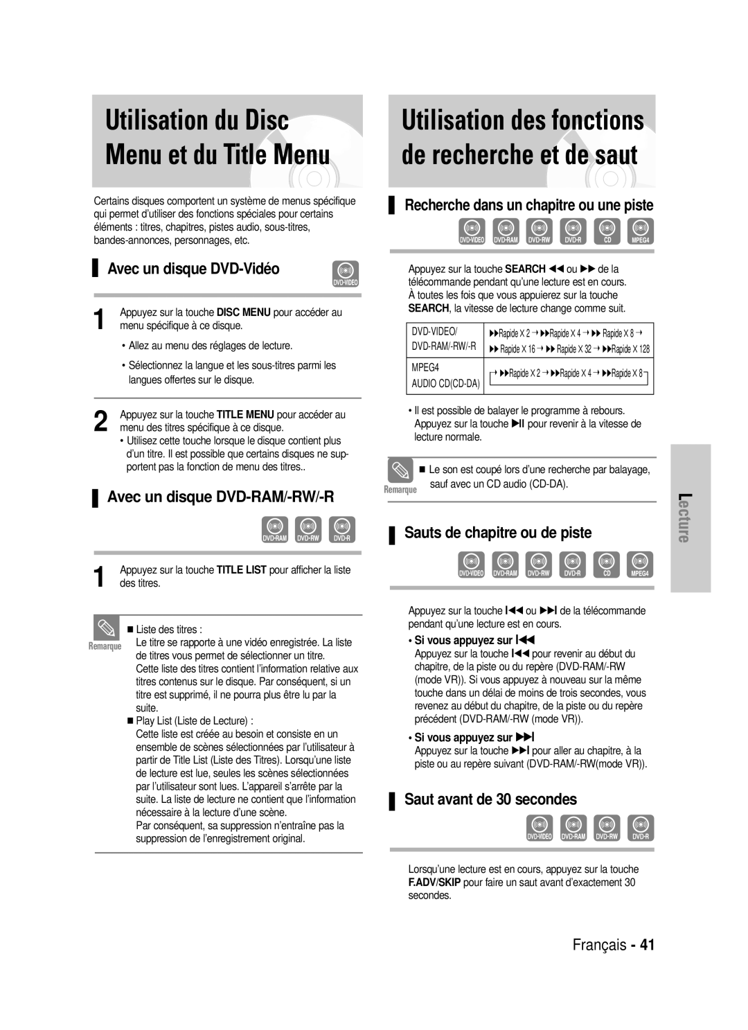 Samsung DVD-VR320/XEF manual Utilisation du Disc Menu et du Title Menu, Utilisation des fonctions de recherche et de saut 