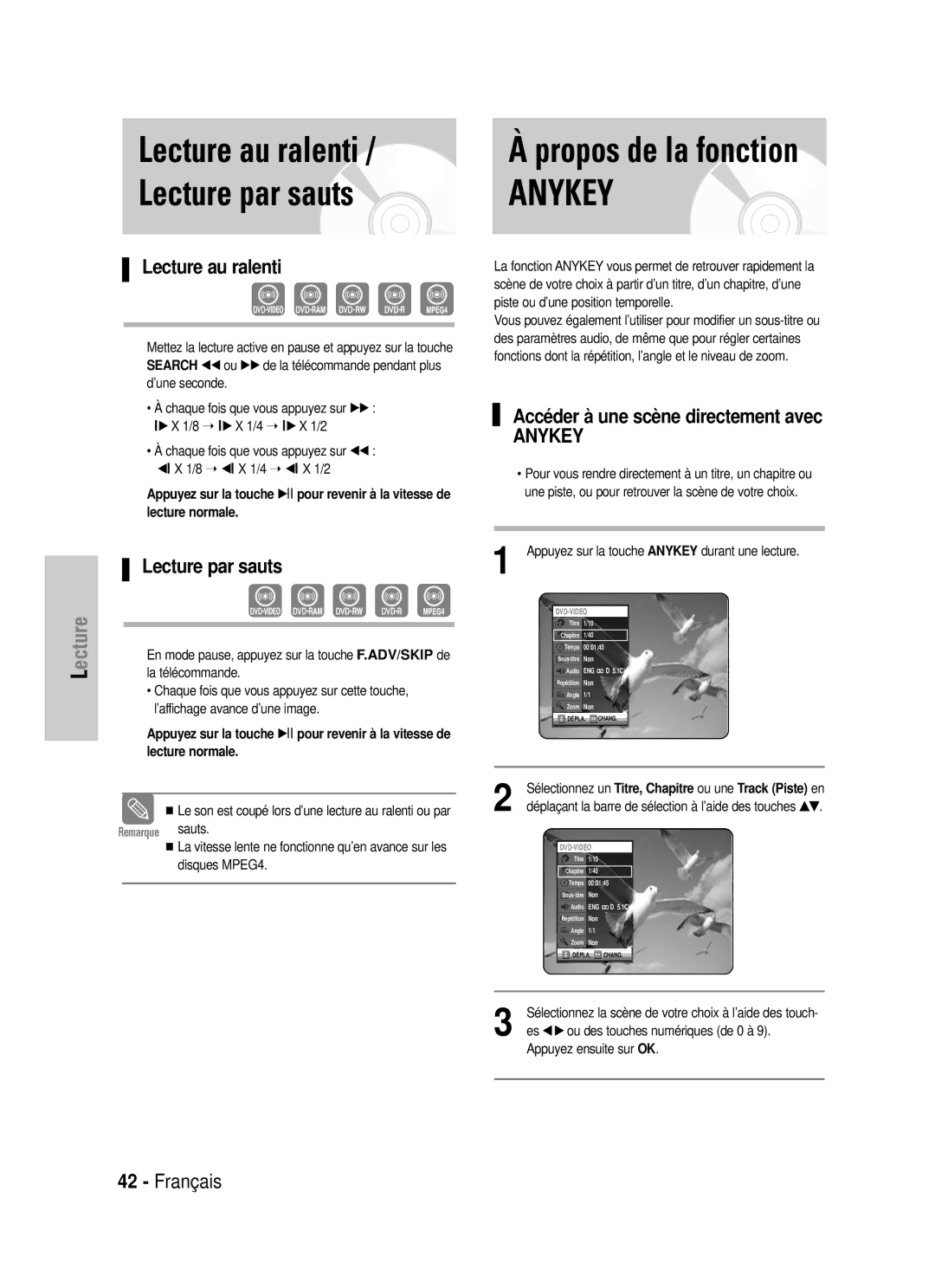 Samsung DVD-VR320P manual Lecture au ralenti Lecture par sauts, Accéder à une scène directement avec, Lecture normale 