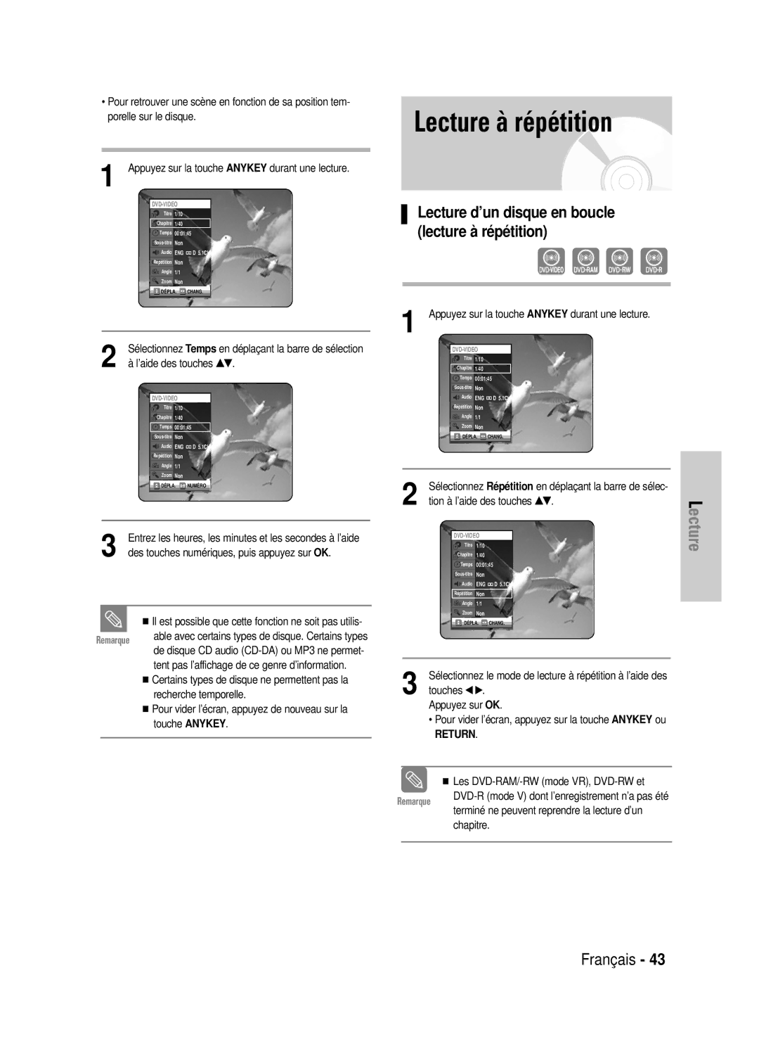 Samsung DVD-VR320/XEF, DVD-VR320P manual Lecture à répétition, ’aide des touches …† 