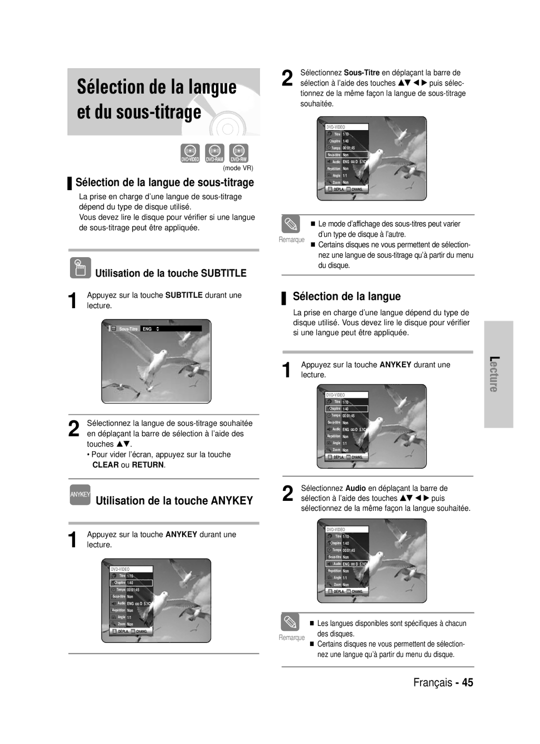 Samsung DVD-VR320/XEF Sélection de la langue et du sous-titrage, Utilisation de la touche Anykey, Sé lection de la langue 