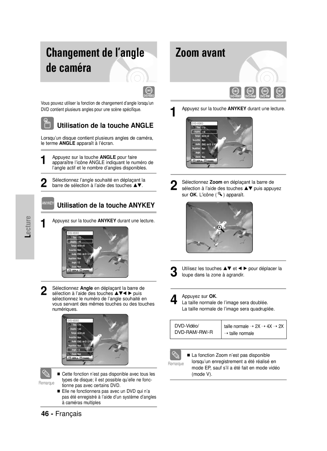 Samsung DVD-VR320P De caméra, Utilisation de la touche Angle, Sélection à l’aide des touches …†œ √ puis, Taille normale 