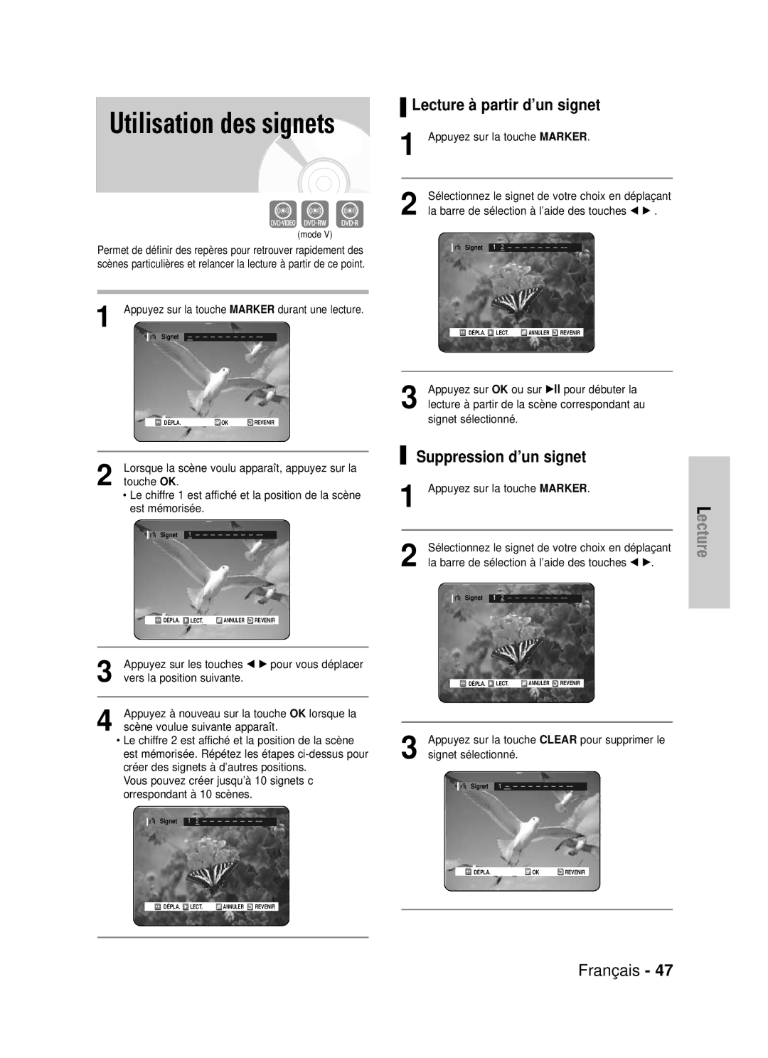 Samsung DVD-VR320/XEF, DVD-VR320P manual Lecture à partir d’un signet, Suppression d’un signet 