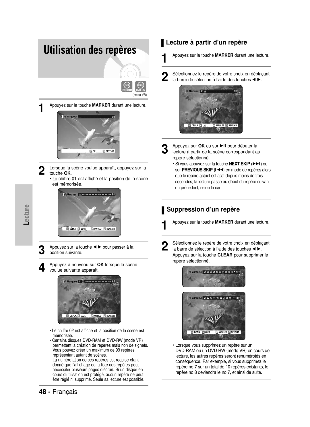 Samsung DVD-VR320P Lecture à partir d’un repère, Suppression d’un repère, La barre de sélection à l’aide des touches œ √ 