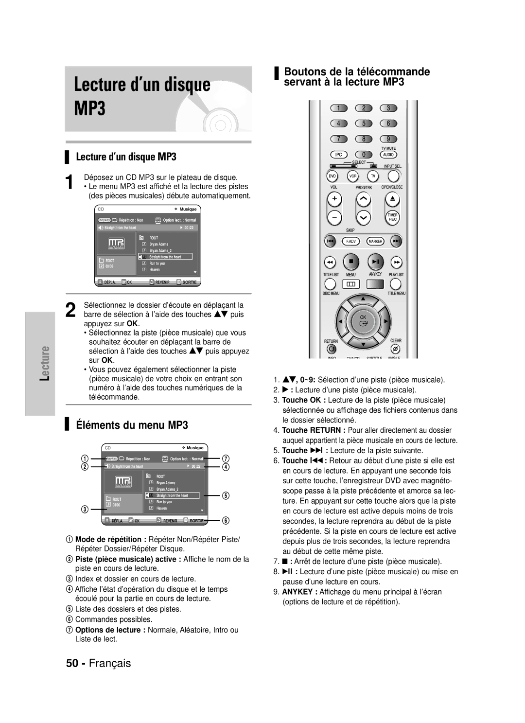 Samsung DVD-VR320P, DVD-VR320/XEF manual Éléments du menu MP3 