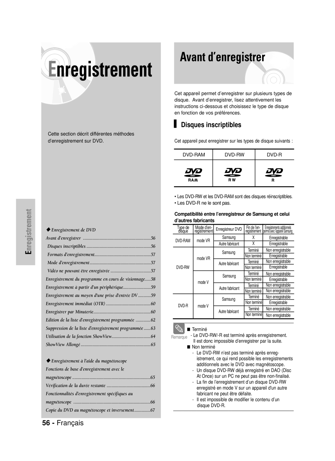 Samsung DVD-VR320P, DVD-VR320/XEF manual Avant d’enregistrer, Disques inscriptibles 