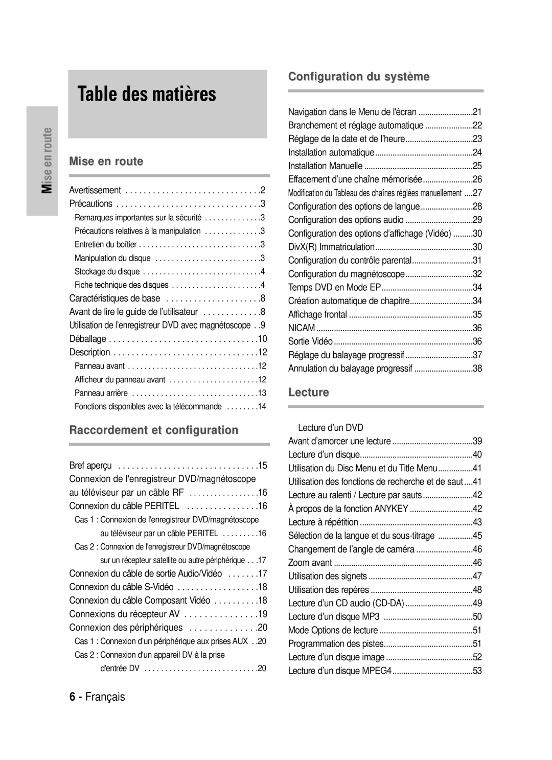 Samsung DVD-VR320P, DVD-VR320/XEF manual Table des matières, Au téléviseur par un câble RF, Affichage frontal 