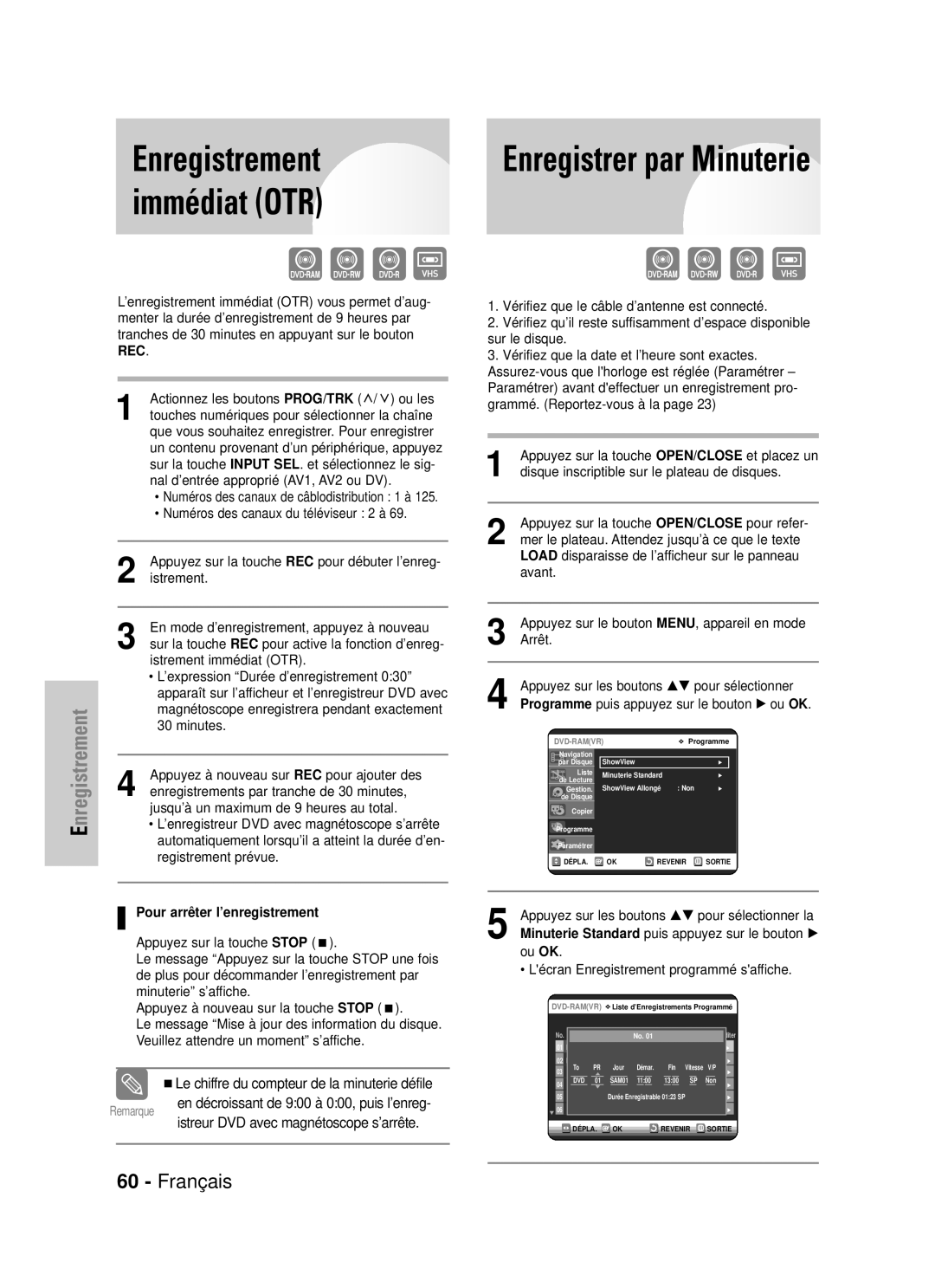 Samsung DVD-VR320P Enregistrement, Immédiat OTR, Enregistrer par Minuterie, Le chiffre du compteur de la minuterie défile 