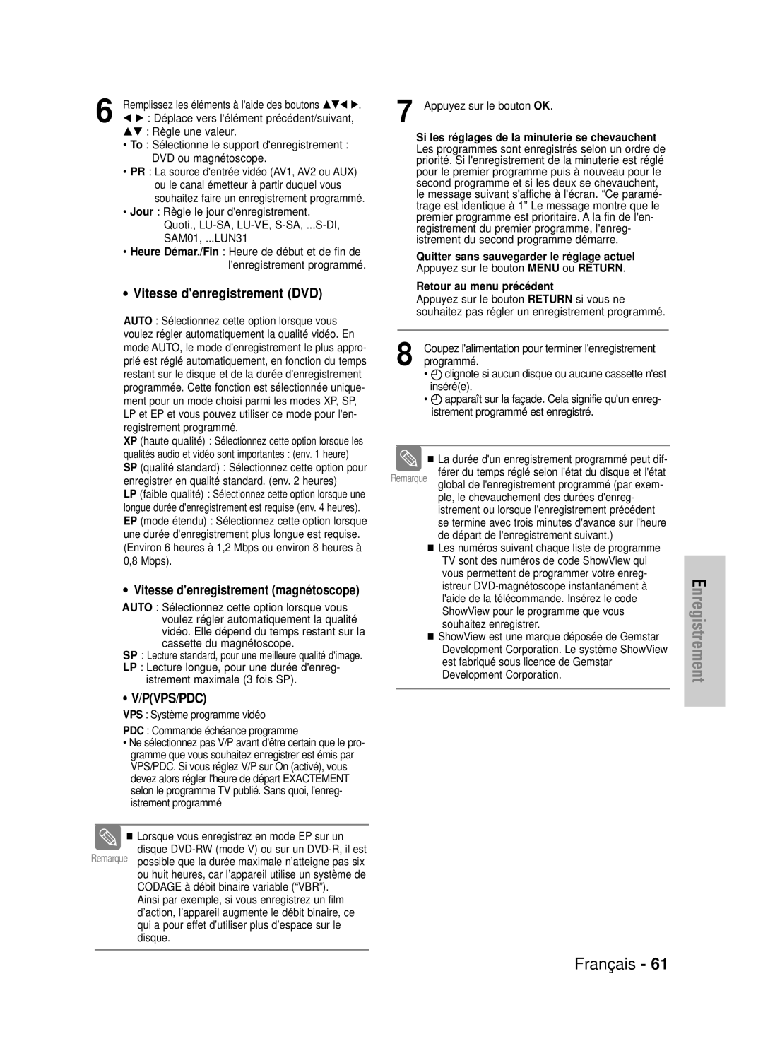 Samsung DVD-VR320/XEF Vitesse denregistrement DVD, Quitter sans sauvegarder le réglage actuel, Retour au menu précédent 