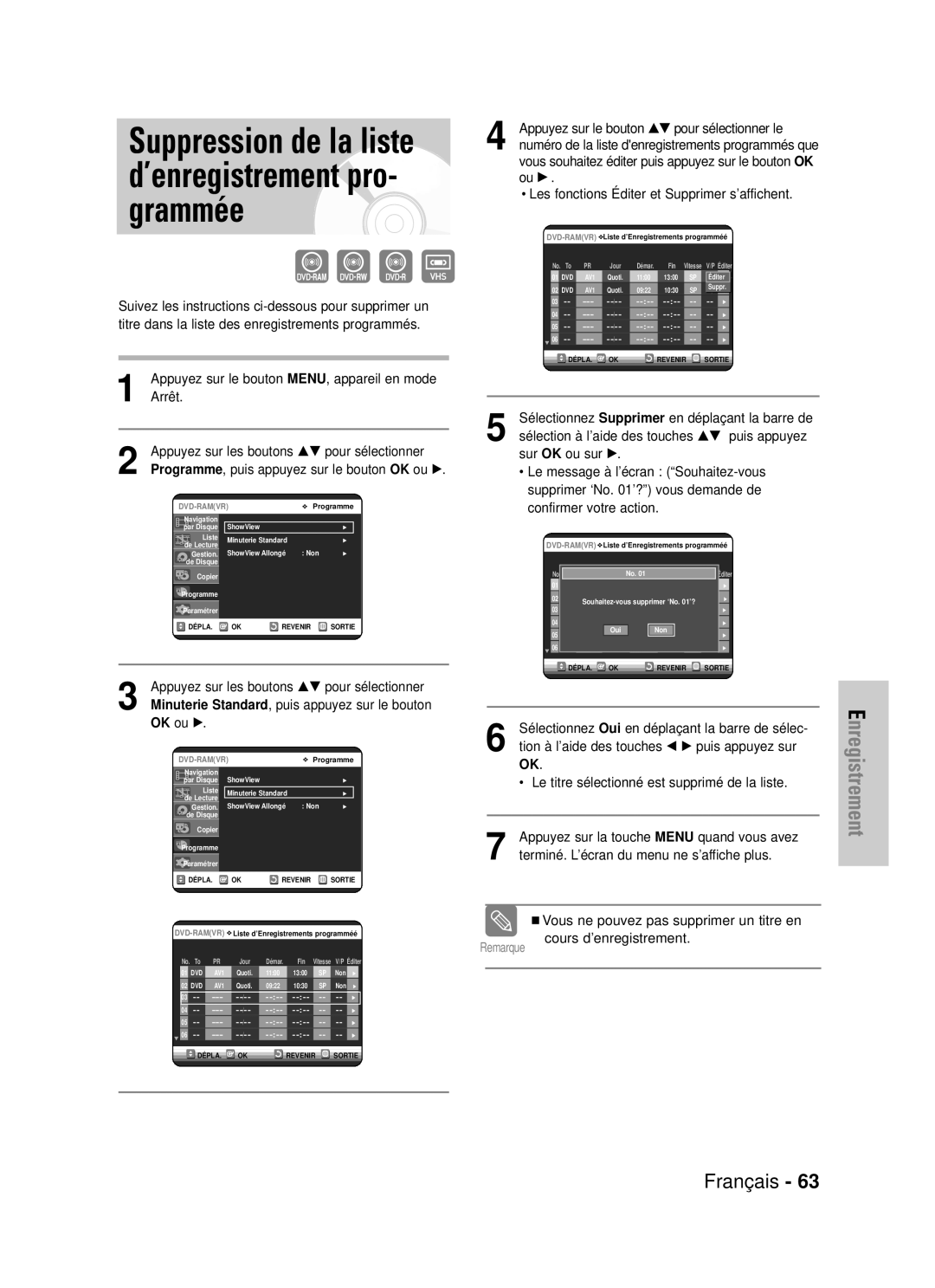 Samsung DVD-VR320/XEF, DVD-VR320P manual Suppression de la liste d’enregistrement pro- grammée, Cours d’enregistrement 