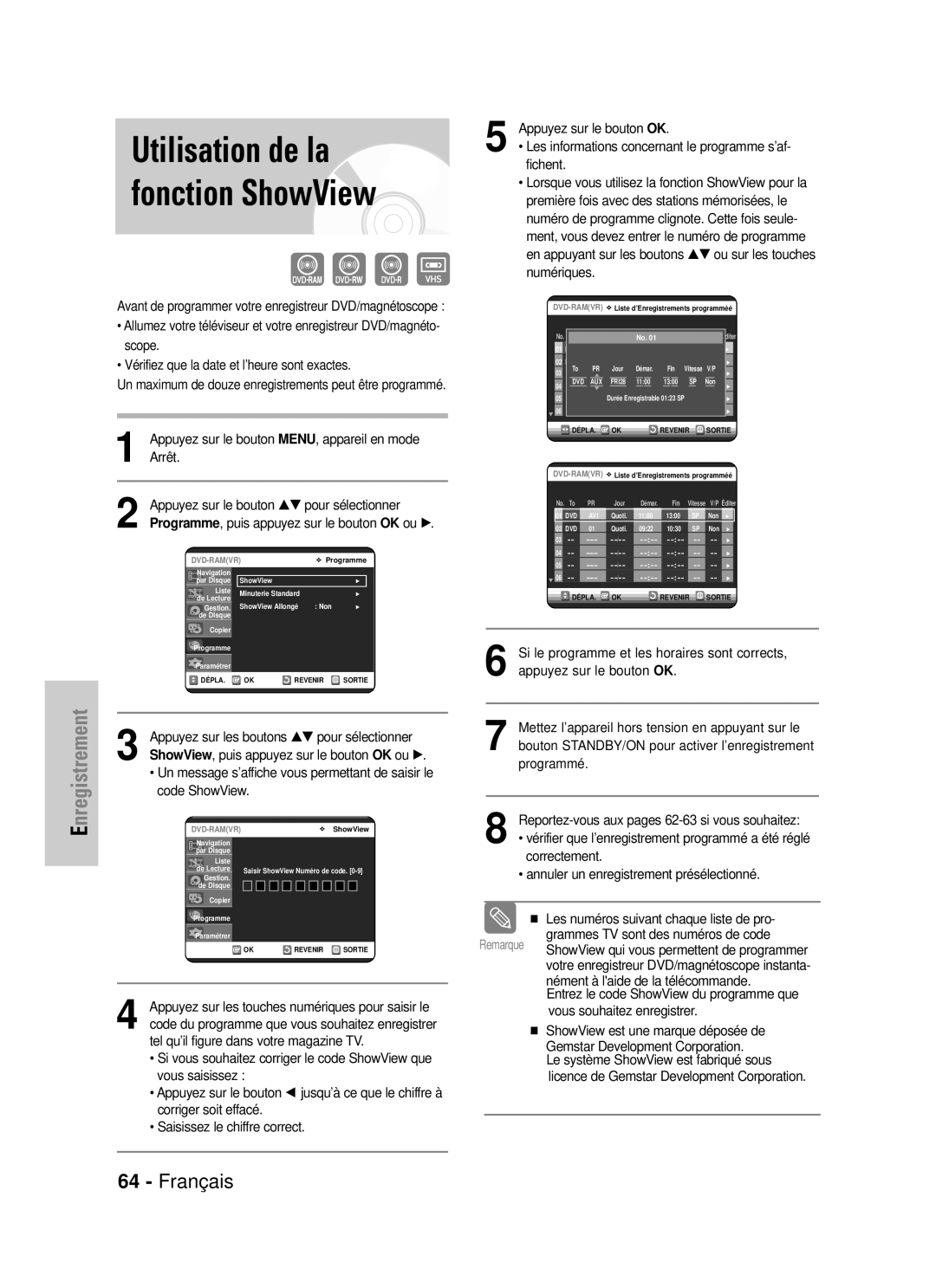 Samsung DVD-VR320P manual Utilisation de la fonction ShowView, Code ShowView, Si le programme et les horaires sont corrects 