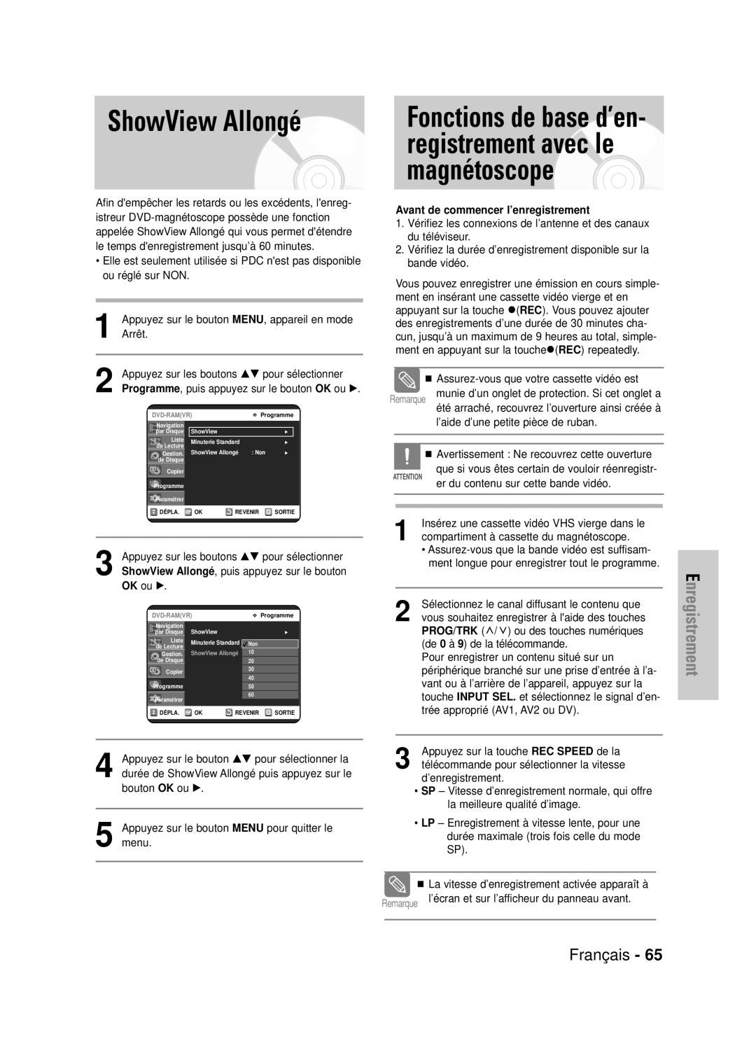 Samsung DVD-VR320/XEF, DVD-VR320P manual ShowView Allongé, Fonctions de base d’en- registrement avec le magnétoscope 
