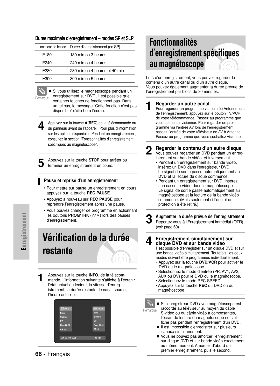 Samsung DVD-VR320P manual Fonctionnalités, Au magnétoscope, Vérification de la durée restante, Regarder un autre canal 