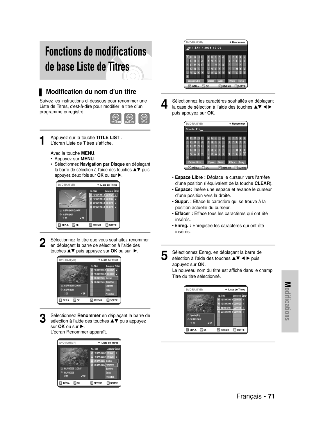 Samsung DVD-VR320/XEF, DVD-VR320P manual Modification du nom d’un titre, Appuyez sur OK, Titre du titre sélectionné 