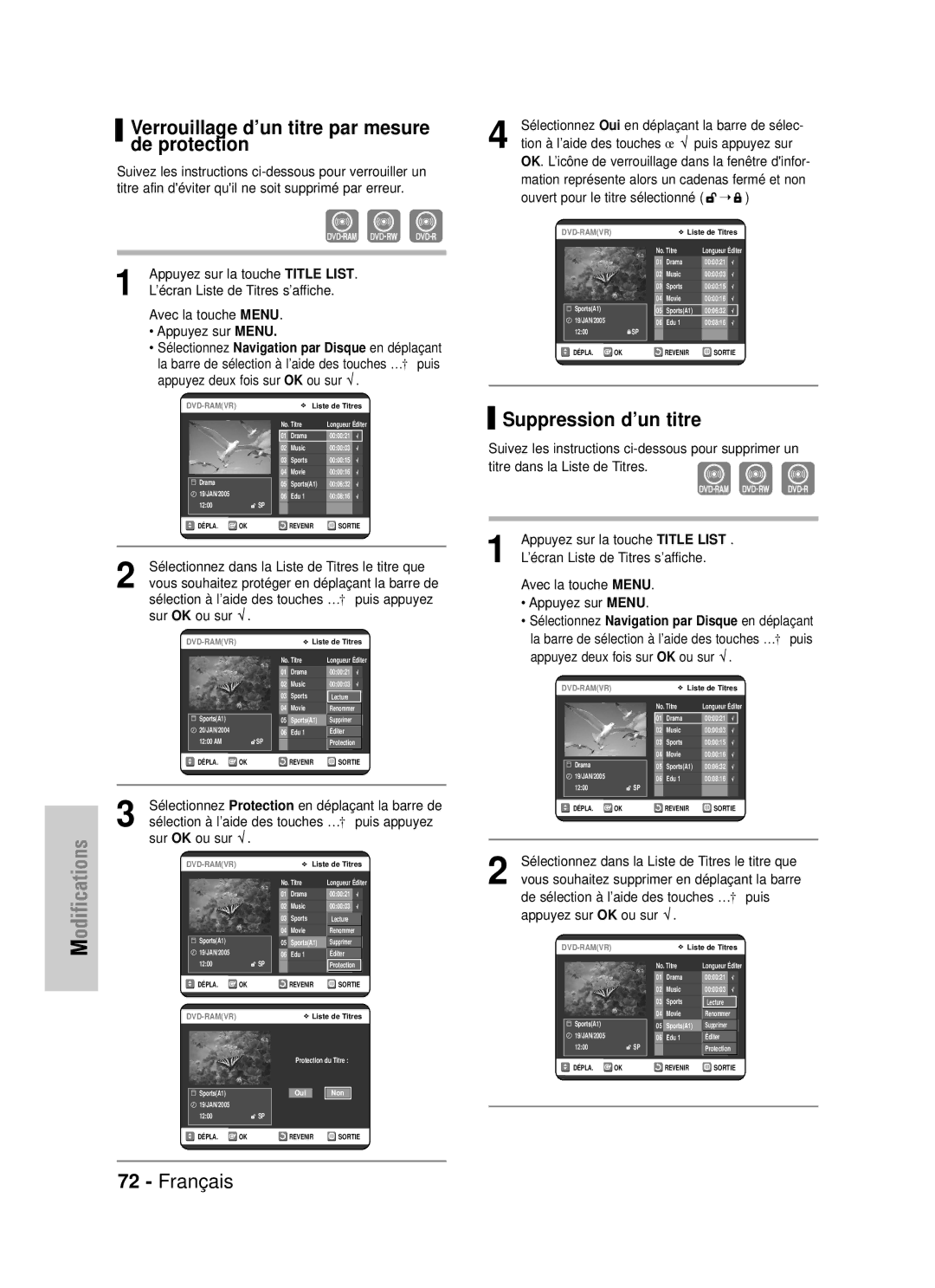 Samsung DVD-VR320P manual Verrouillage d’un titre par mesure de protection, Suppression d’un titre, Sur OK ou sur √ 