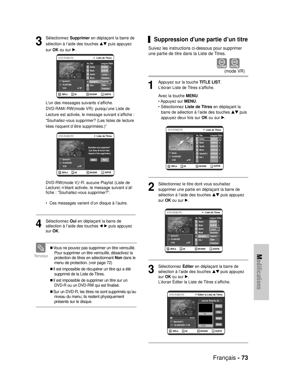 Samsung DVD-VR320/XEF, DVD-VR320P manual Suppression dune partie d’un titre, Présents sur le disque 