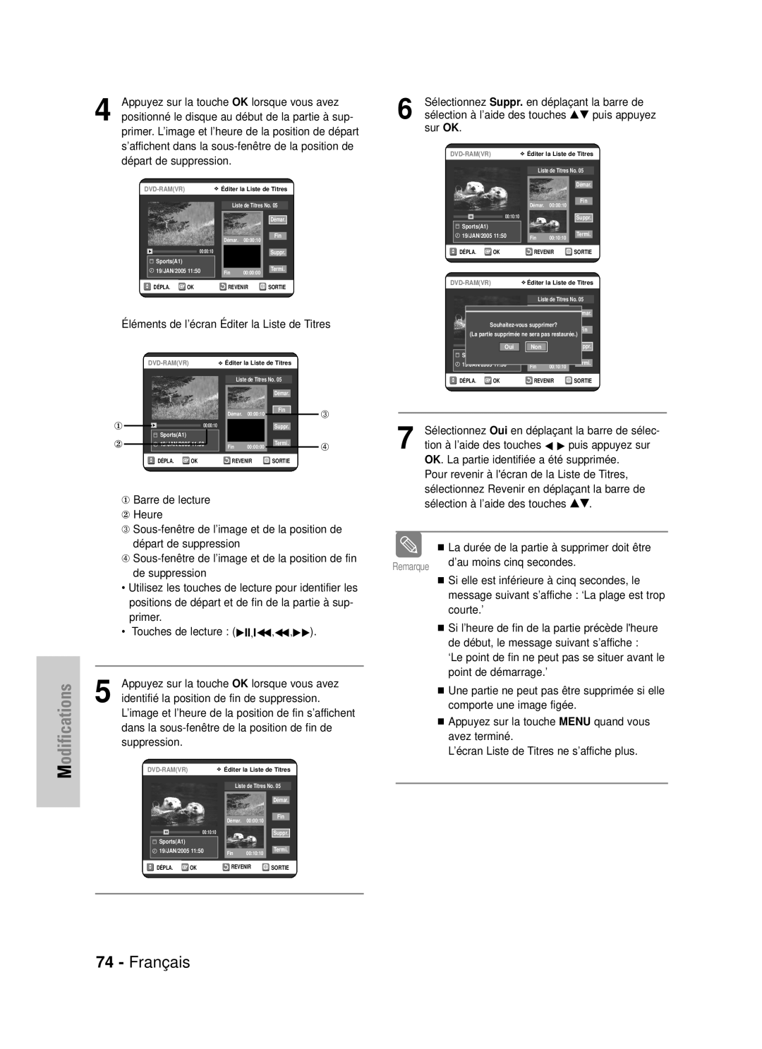 Samsung DVD-VR320P Appuyez sur la touche OK lorsque vous avez, Positionné le disque au début de la partie à sup, Sur OK 