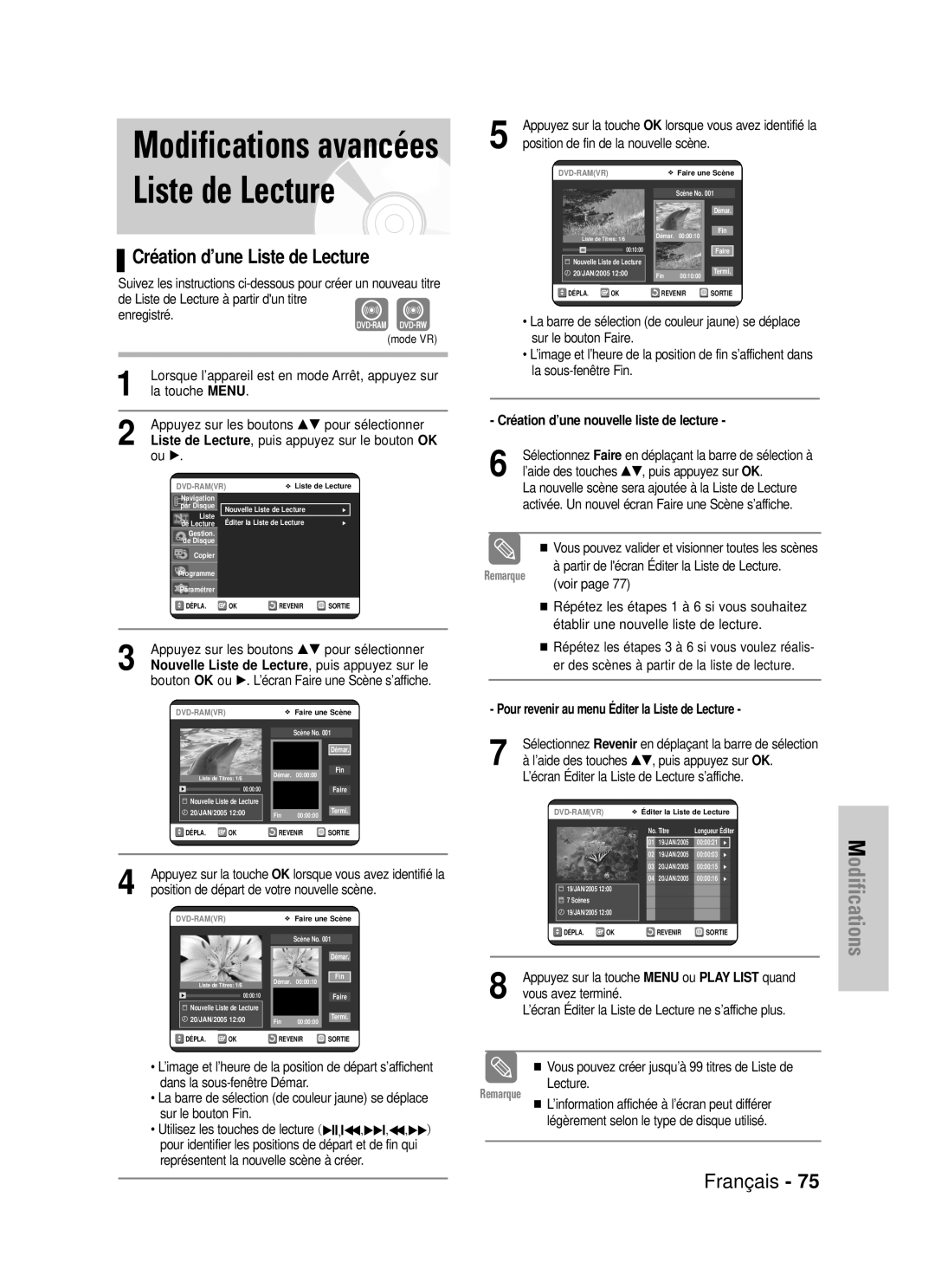 Samsung DVD-VR320/XEF, DVD-VR320P manual Modifications avancées Liste de Lecture, Création d’une Liste de Lecture 